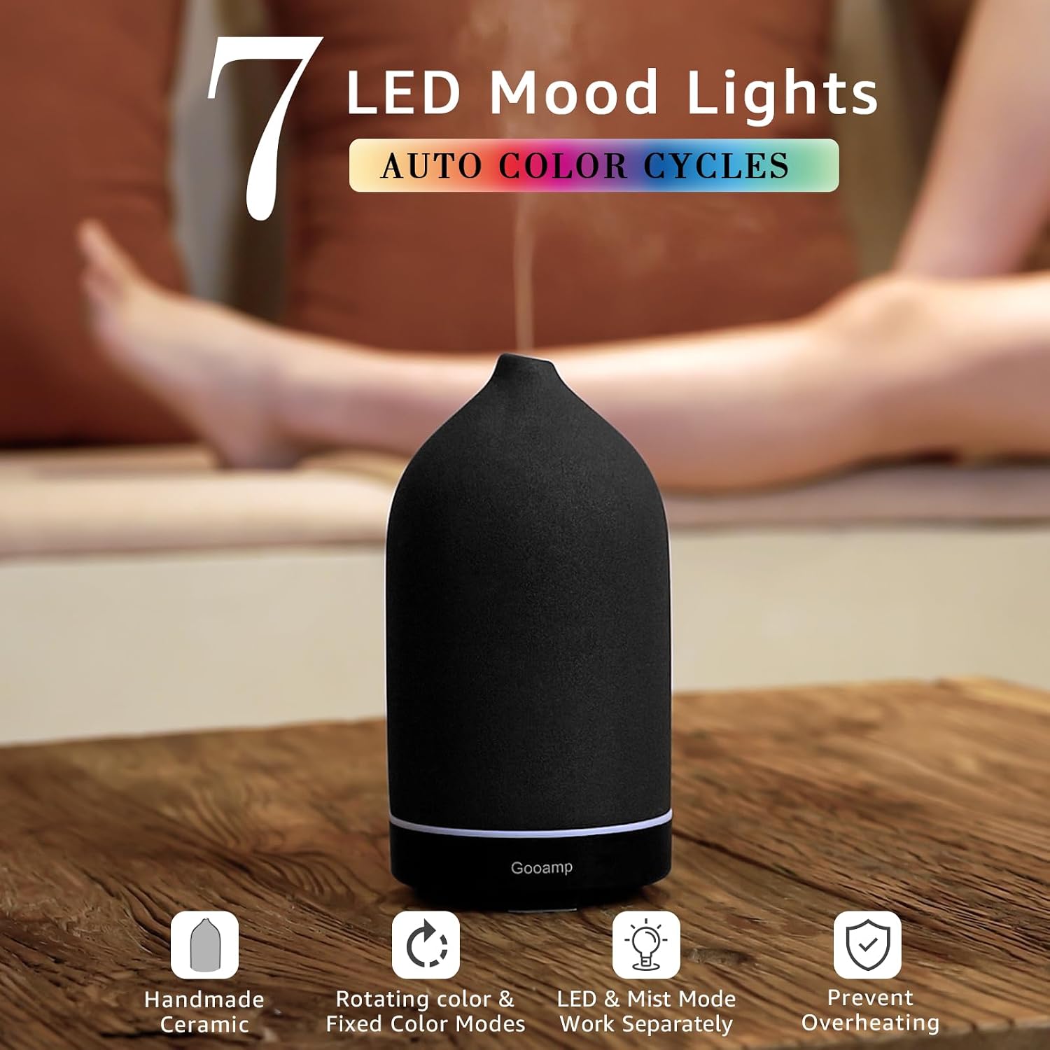 Gooamp 200ML Ceramic Essential Oil Diffuser - Ultrasonic Aromatherapy & Humidifier with 7-Color LED Lights, Auto Shut-Off, Black, 1H/3H/6H Timer | Scent for Home, Office, Yoga