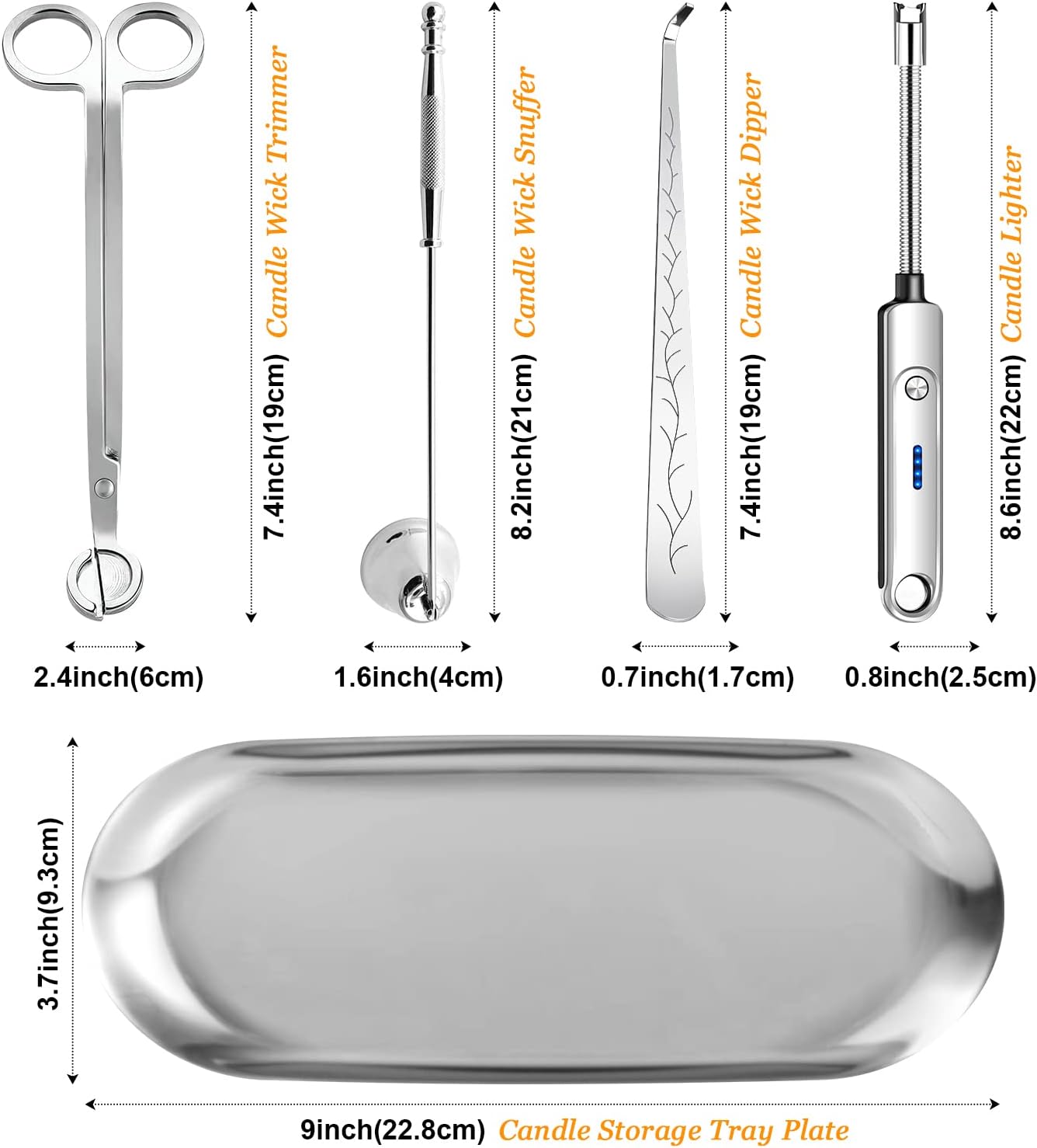 5Pcs Candle Accessory Set with Rechargeable Electric Lighter, Storage Tray, Wick Trimmer, Snuffer, Dipper - Stainless Steel Care Kit with Gift Package for Candle Lovers - Silver