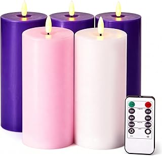 Pillar Advent Candles Set of 5, Battery Operated Advent Candle Set with Remote and Timer, 3x6 Pink and Purple Pillar Candle Set, Flameless Advent Candles for Advent Wreath Pillar Candle Holder