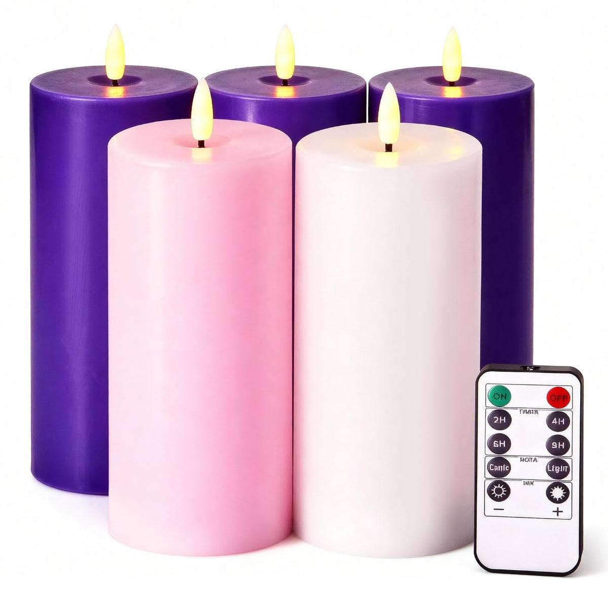 Pillar Advent Candles Set of 5, Battery Operated Advent Candle Set with Remote and Timer, 3x6 Pink and Purple Pillar Candle