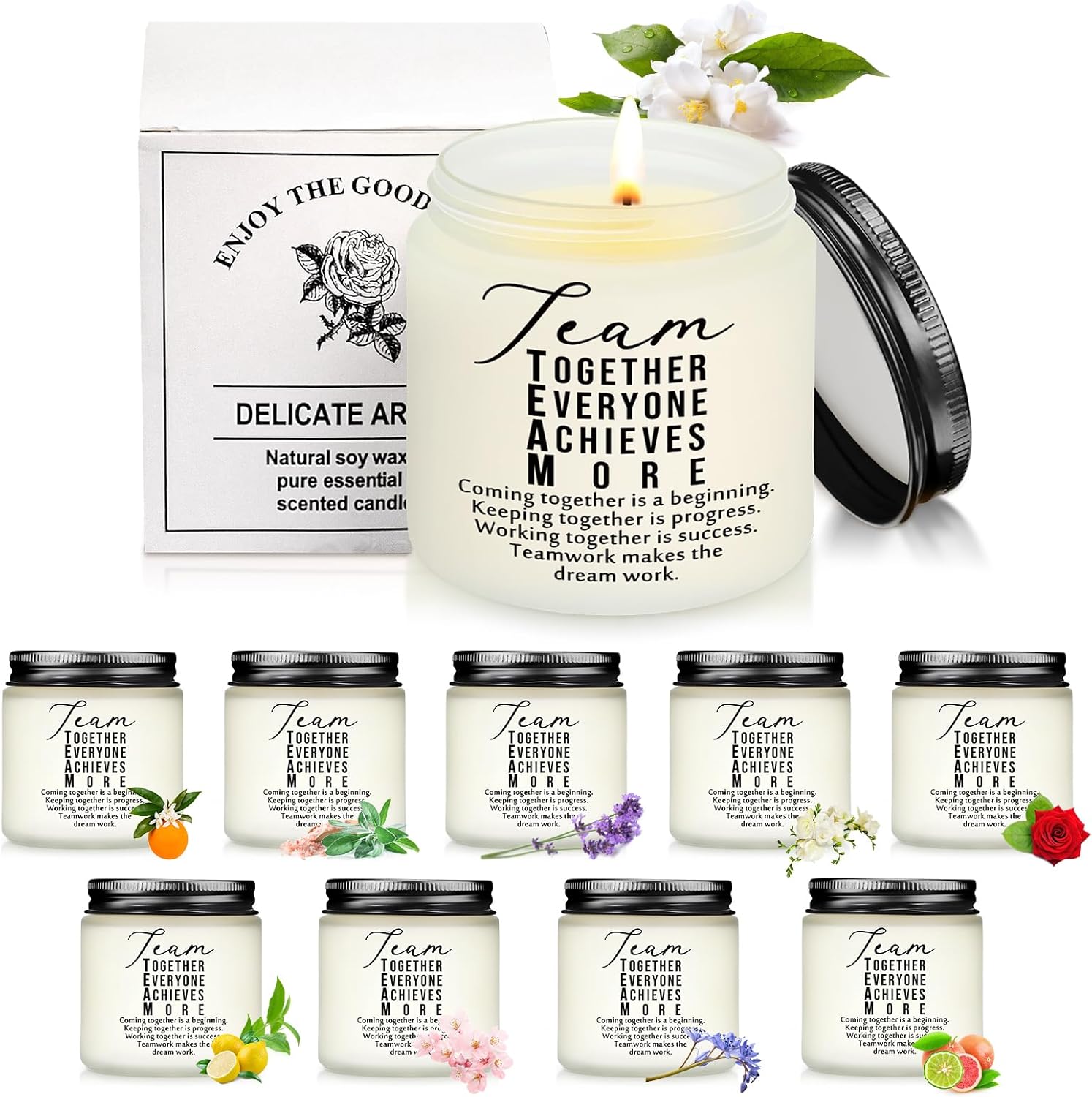 Fumete 10 Pcs Employee Appreciation Gifts Jars Scented Soy Candles 3.5 oz Inspirational Candles Team Thank You Gifts for Nurse CNA Week Gift Coworker Volunteers Teachers Group(White, Team)