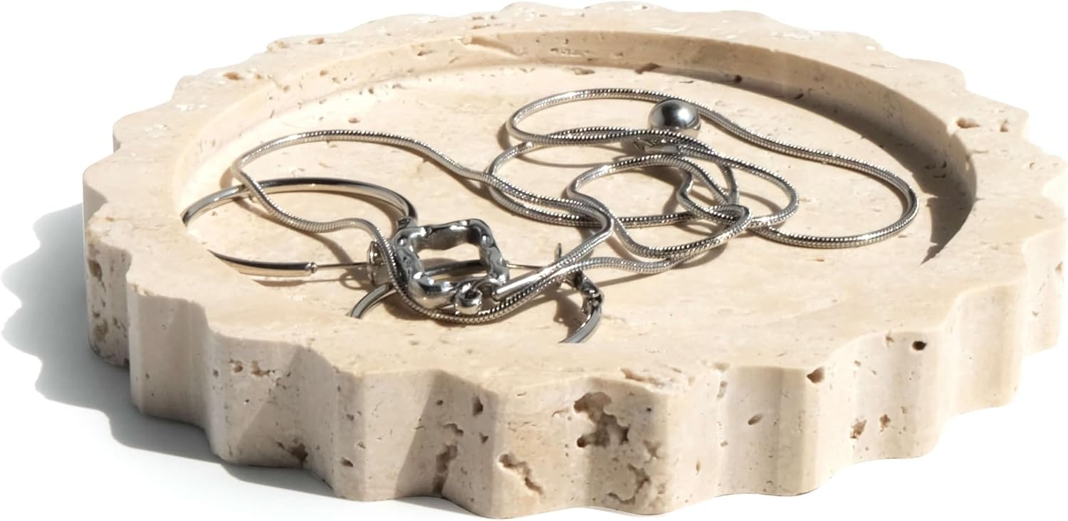5.5 Inch Small Scallop Edge Tray, Hand-Carved Natural Stone Jewelry Holder, Travertine & Marble Vanity Tray for Rings, Candles, or Keys (Travertine)