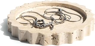5.5 Inch Small Scallop Edge Tray, Hand-Carved Natural Stone Jewelry Holder, Travertine & Marble Vanity Tray for Rings, Candles, or Keys (Travertine)