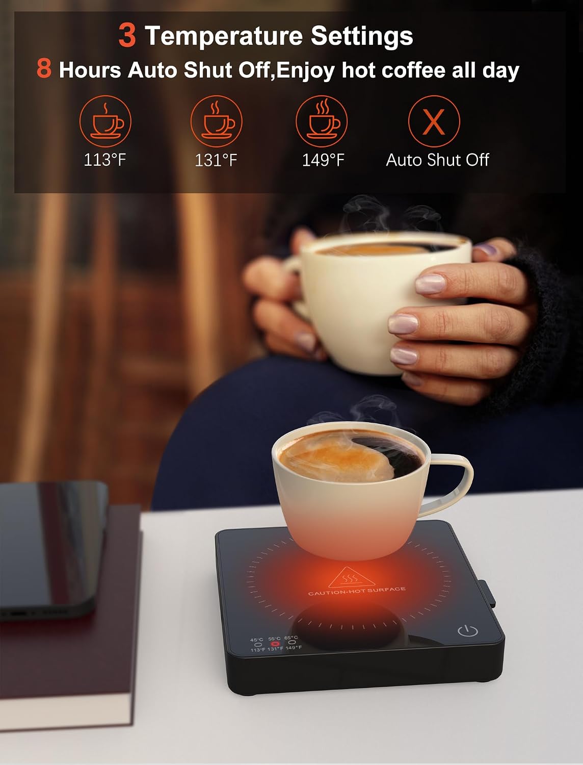 Coffee Mug Warmer with 15W Wireless Phone Charger & 3A USB Charging Port, 3 Temp Settings & 8H Auto Shut Off, Candle Warmer Plate for Heating Coffee, Milk, Tea & Candles,Valentine's Day Gift(Black)