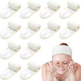12 Pack Spa Headbands for Washing Face Satin Lined Terry Cloth Makeup Hair Band for Women Adjustable Wrap Facial with Tape for Washing Face Makeup Shower Bath Mask Skincare Sport Yoga(White)