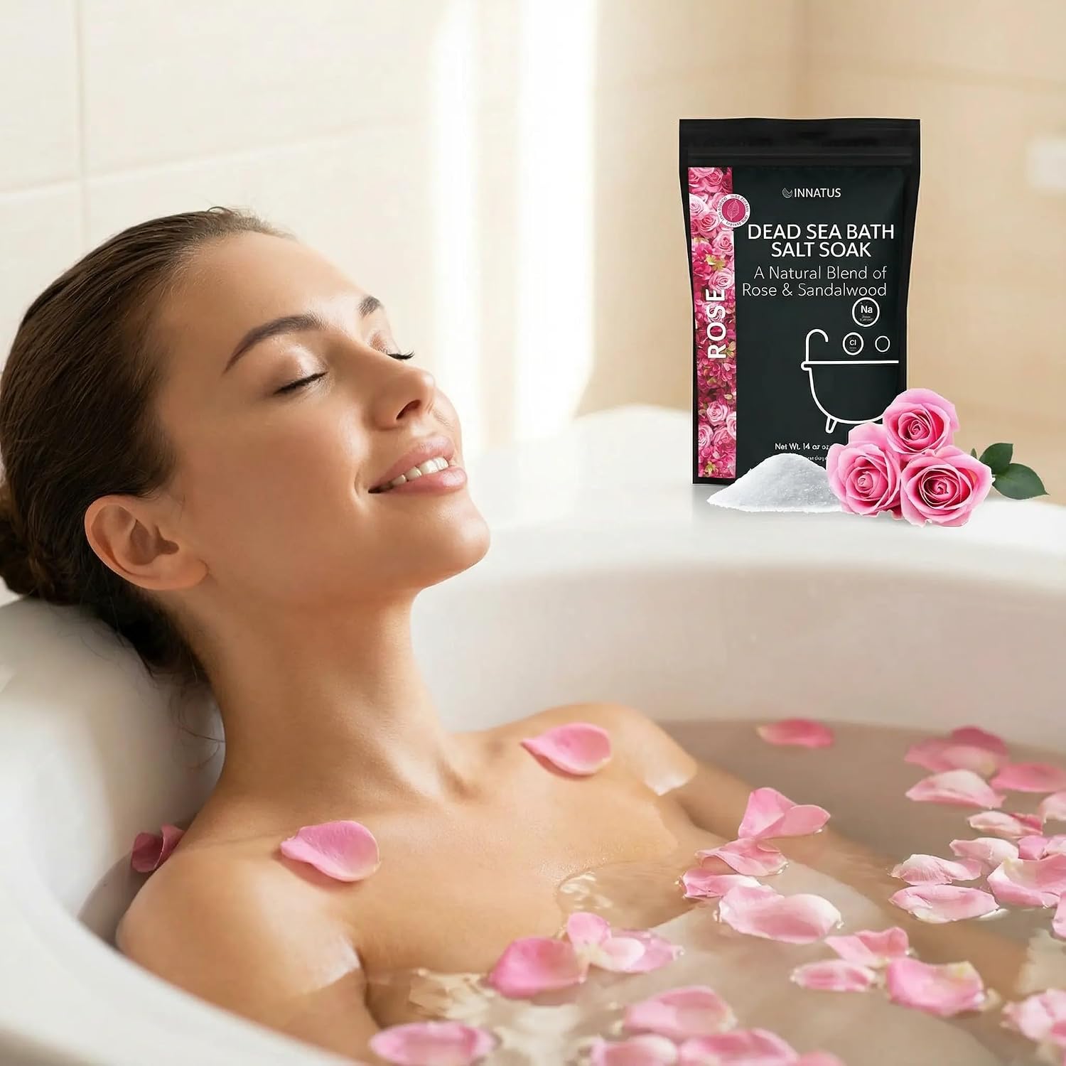 Dead Sea Soothing Bath Salt Soak with 21 Minerals – Relaxing, Detoxifying, and Nourishing for Skin – 14oz, Infused with Essential Oils – Rejuvenate Mind & Body. (Rose)