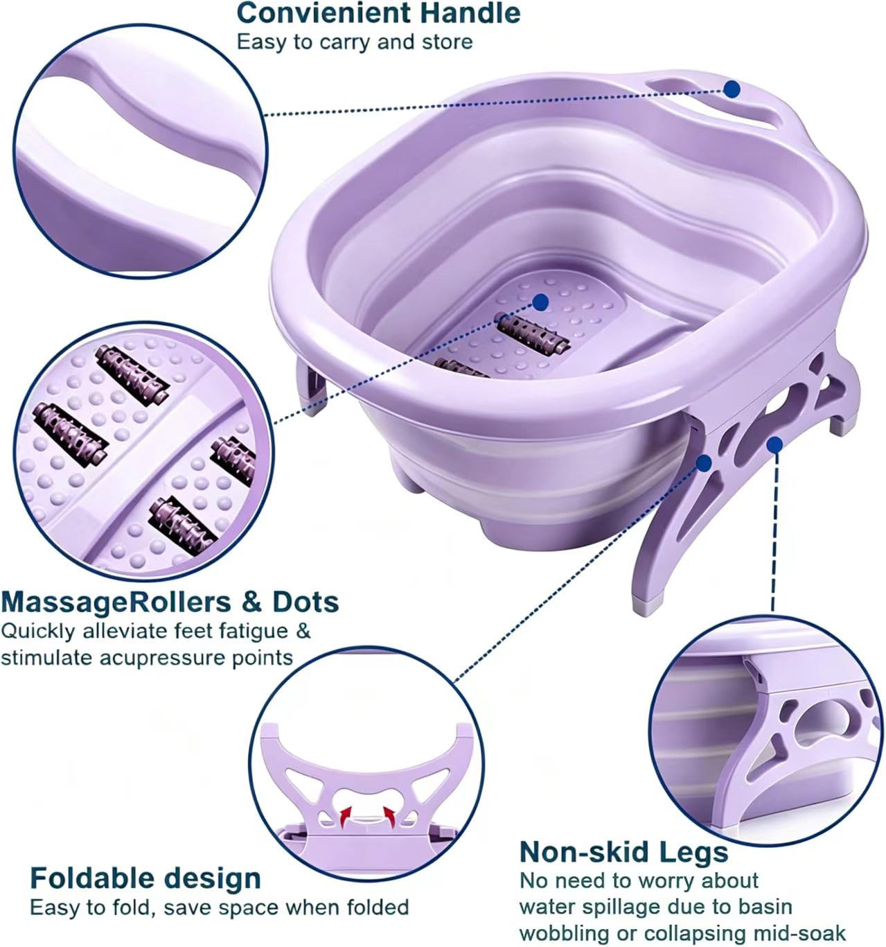 Foldable Foot Spa Bath Massager with Massage Rollers, Collapsible Foot Soak Tub with Non-Slip Legs & Handle, Portable Pedicure Basin for Soaking Feet, Relieve Foot Fatigue, Home Use, Space Saving