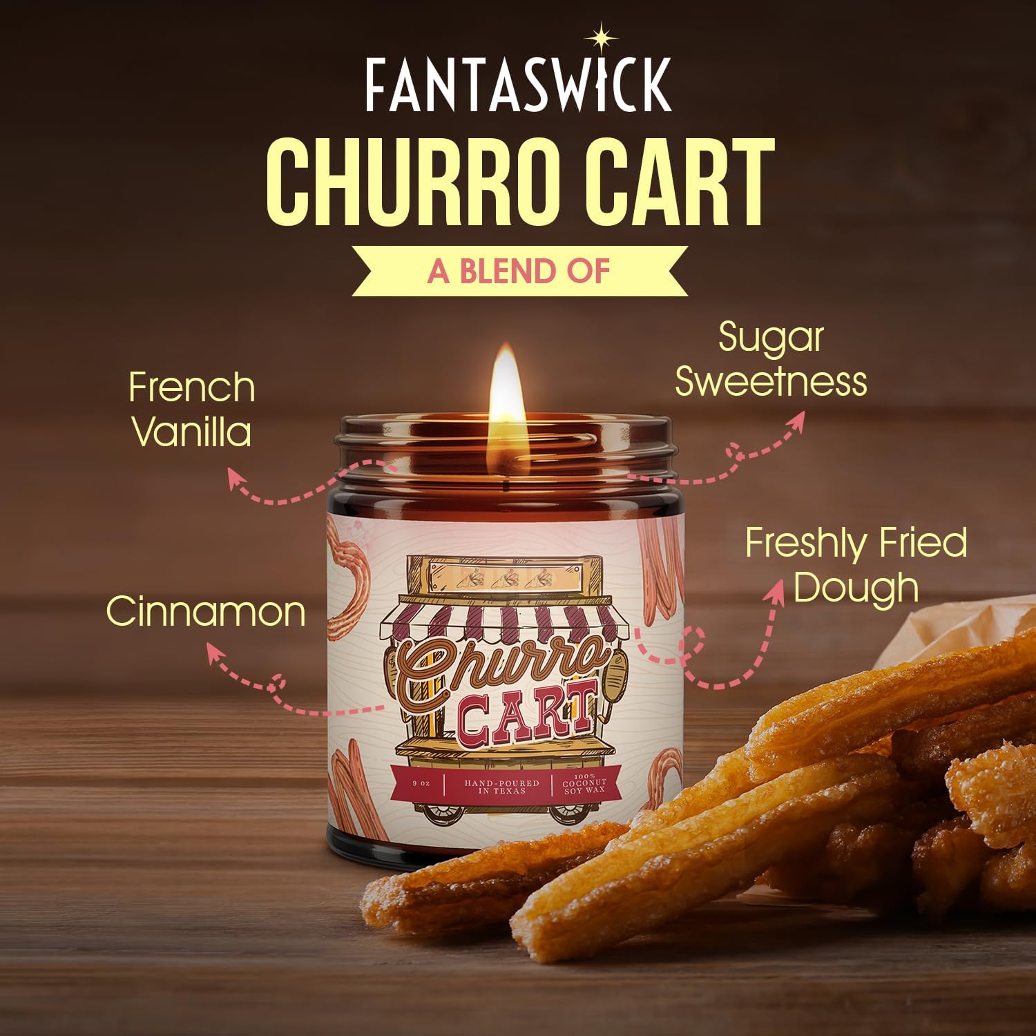 Fantaswick's Churro Cart Scented Candle | 100% Natural Coconut Soy Wax & Cotton Wick in Amber Candle Jar | Hand-Poured in Texas | 9oz