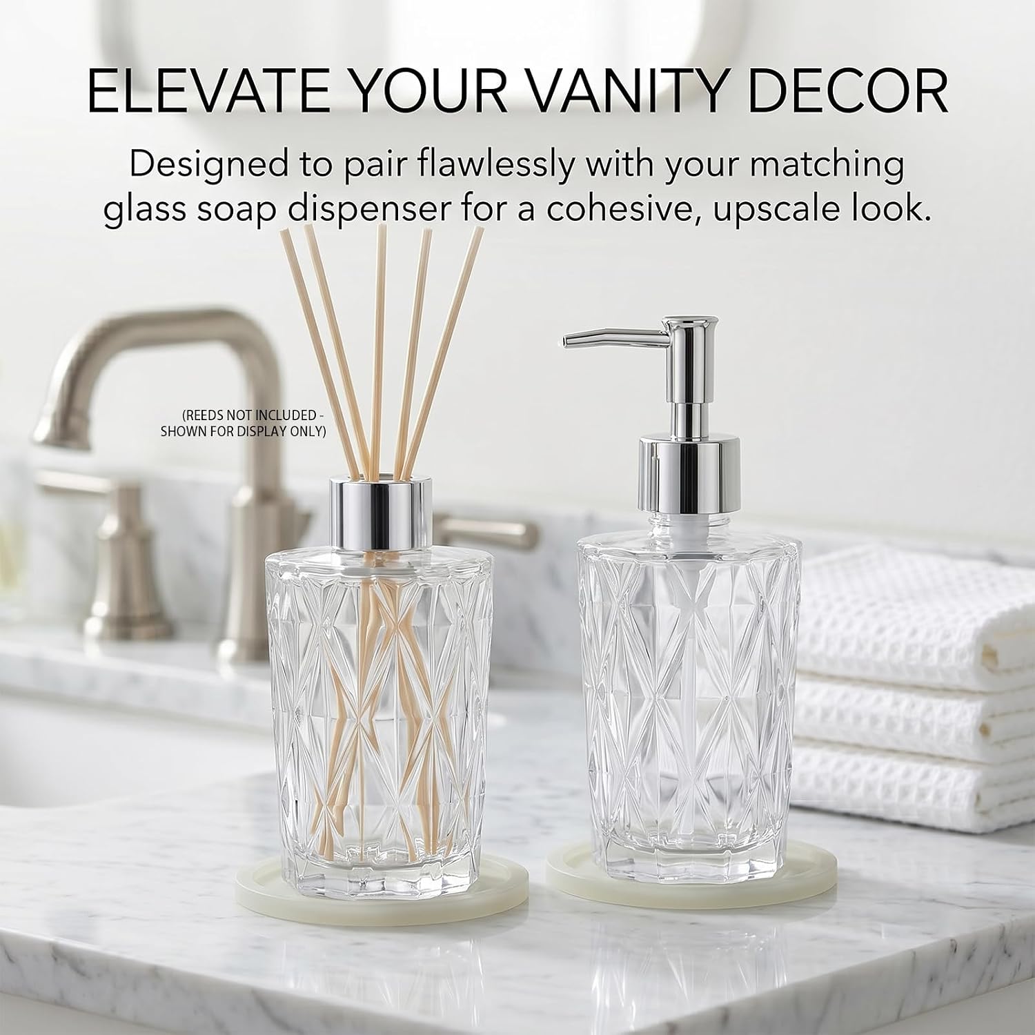 Glass Reed Diffuser Bottle Diamond Jar for Home Aromatherapy, Nightlight Glow Coaster & Cap, Luxury Bathroom Decor, Pairs with Soap Dispenser, 6.8oz Clear（Reeds Not Included）