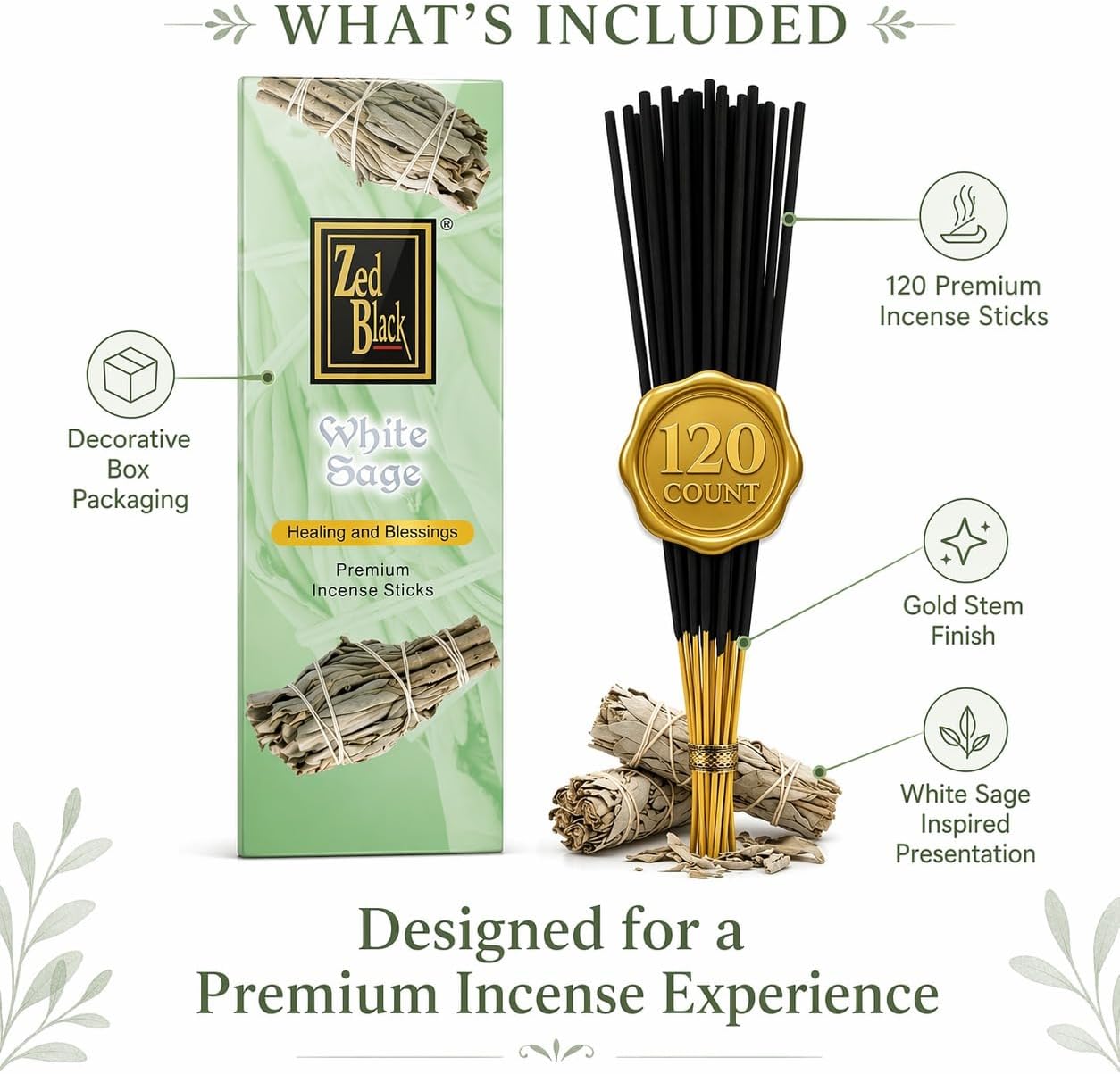 White Sage Incense Sticks - 120 Count | Natural Air Purifying Aromatherapy | Calming and Cleansing Fragrance | Perfect for Meditation, Relaxation, Prayer & Spiritual Rituals I Zed Black