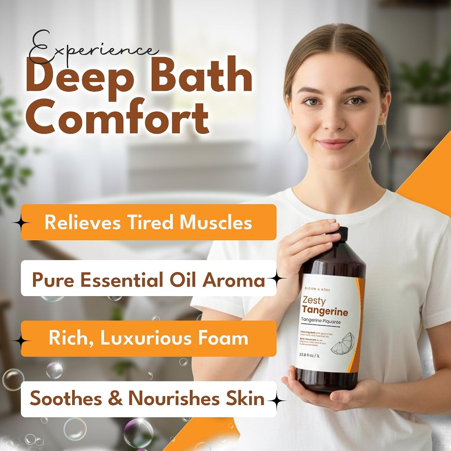 Luxury Foaming Bath - Natural Scented Bubble Bath with Essential Oils and Epsom Salt - Zesty Tangerine Scent, 33.8 fl oz / 1L