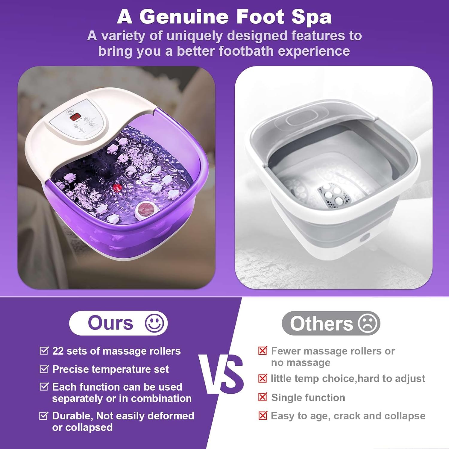 ECARBME Foot Spa Bath Massager with Heat, Foot Soaking Tub with 22 Massage Rollers, Temperature Control, Jets, Bubbles, Epsom Salt and Vibration, Foot Bath soak tub for Relaxation- Purple