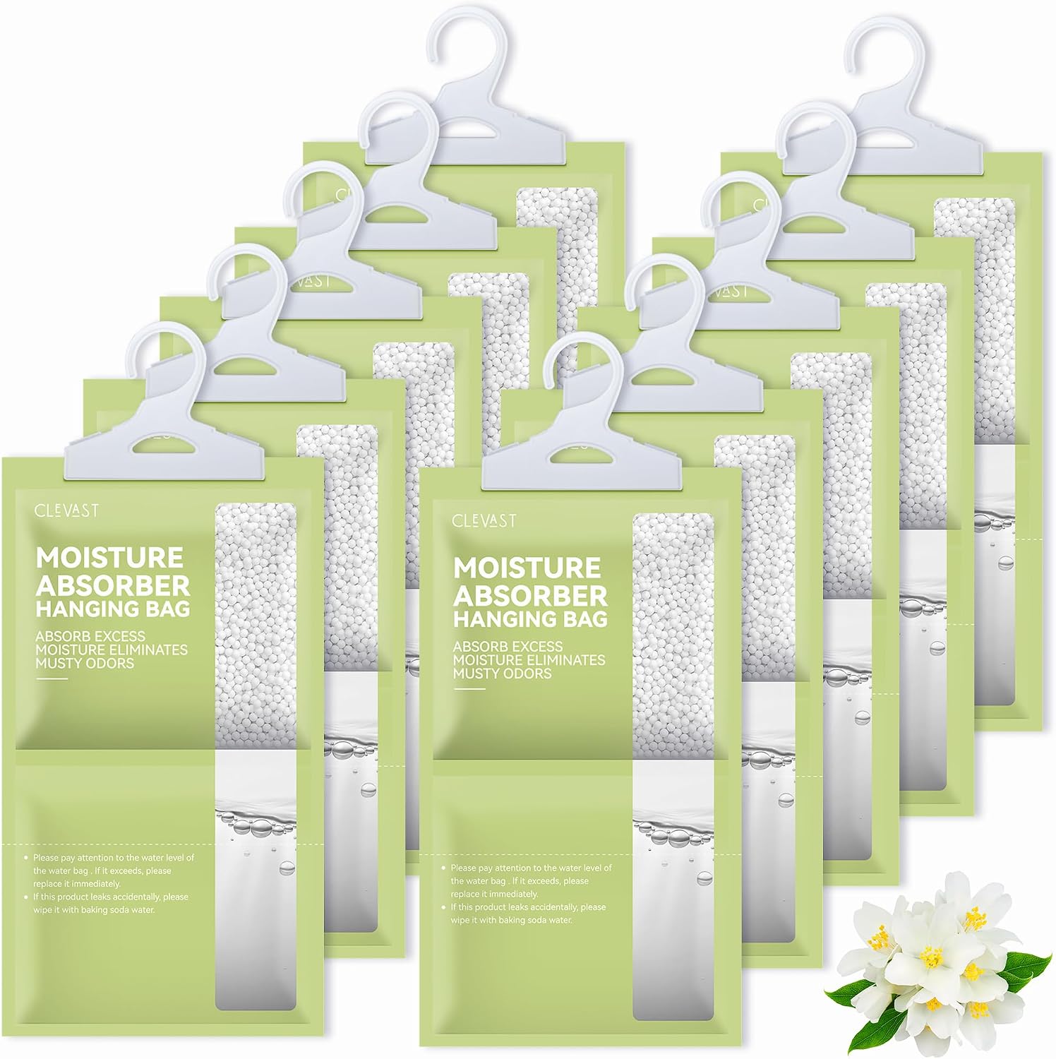 CLEVAST Moisture Absorbers Packets 10 Pack, Dehumidifier Bags for Closet, Scented Hanging Humidity Absorber in Wardrobes, Bedrooms, Bathrooms (Jasmine)