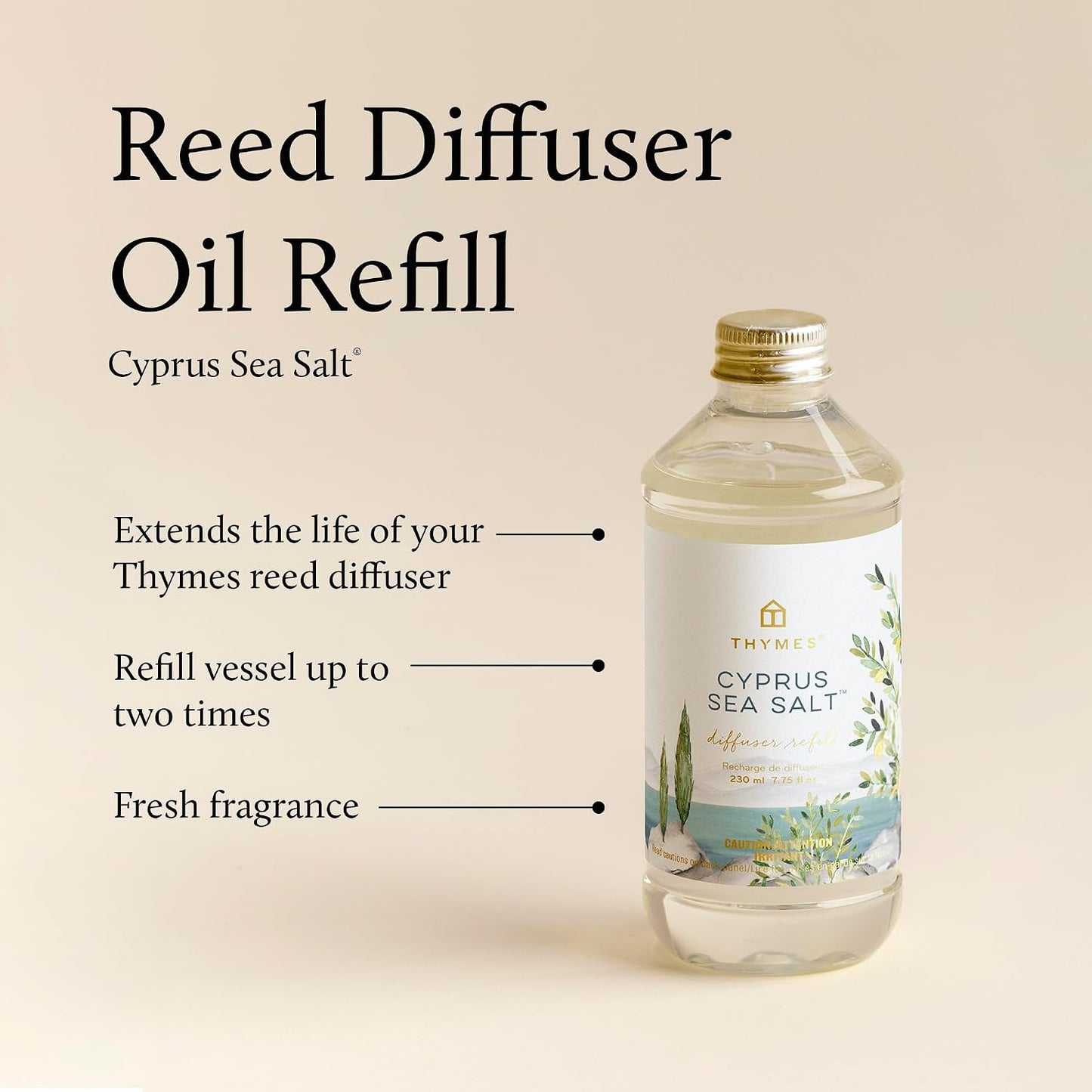 Thymes Reed Diffuser Oil Refill – Fragrance Oil for Diffuser Refill – Flameless Home Fragrance Products – Home Luxury Scents with Notes of Rosemary, Sage, & Amalfi Lemon (Cyprus Sea Salt, 7.75 fl oz)