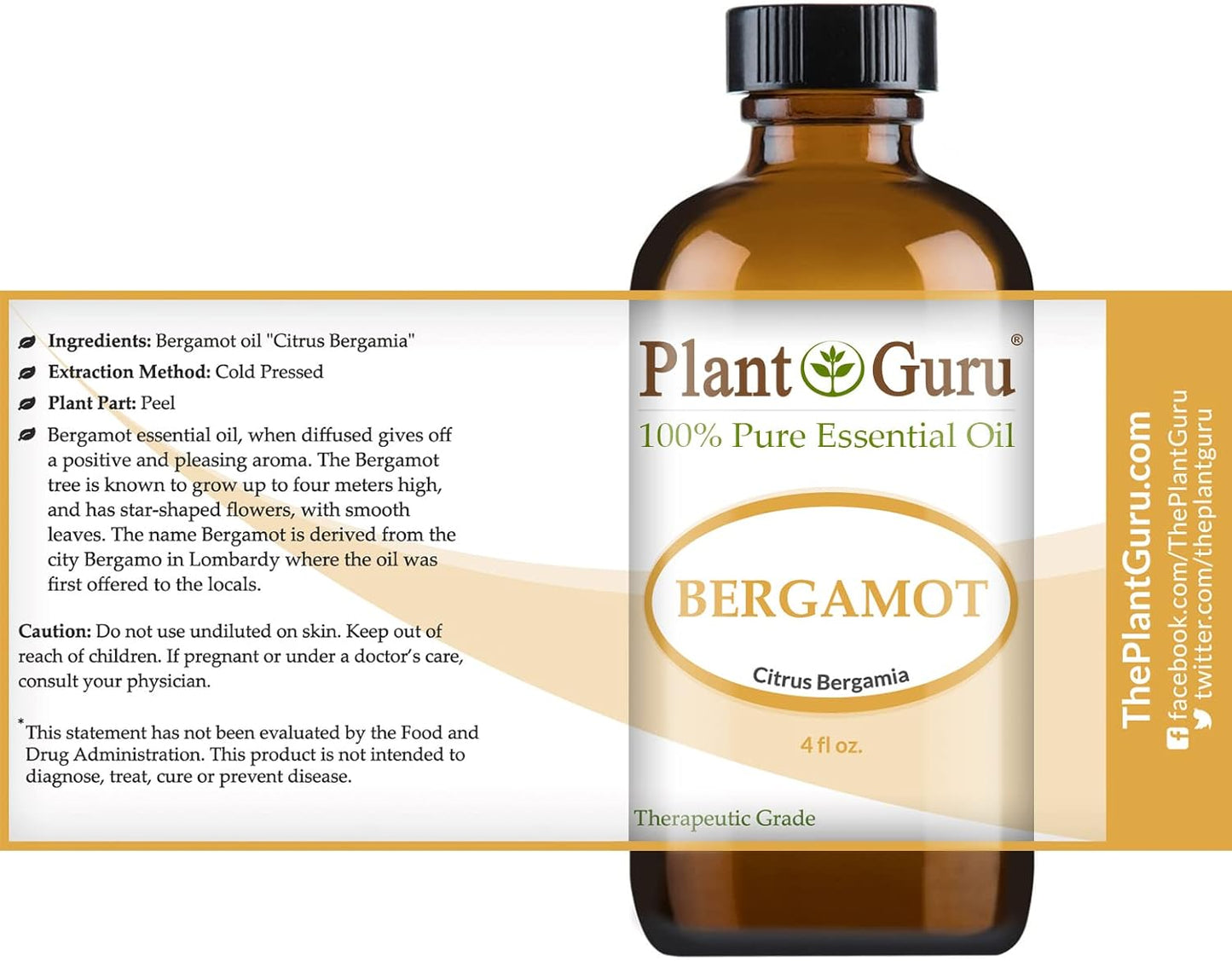 Plant Guru Bergamot Essential Oil 4 oz 100% Pure Undiluted Therapeutic Grade