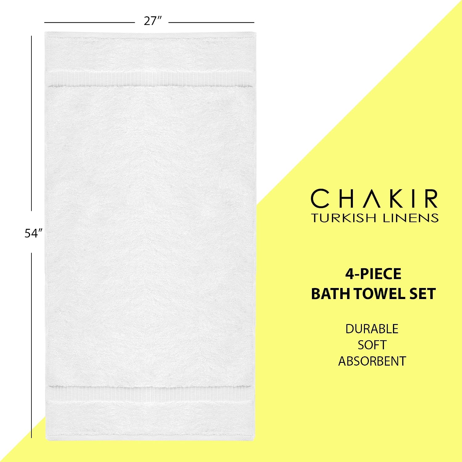 Chakir Turkish Linens 4 Piece Bath Towel Set, 100% Cotton Luxury Turkish Towels for Bathroom, Soft Absorbent Bath Towels, 27 x 54 Inches, White