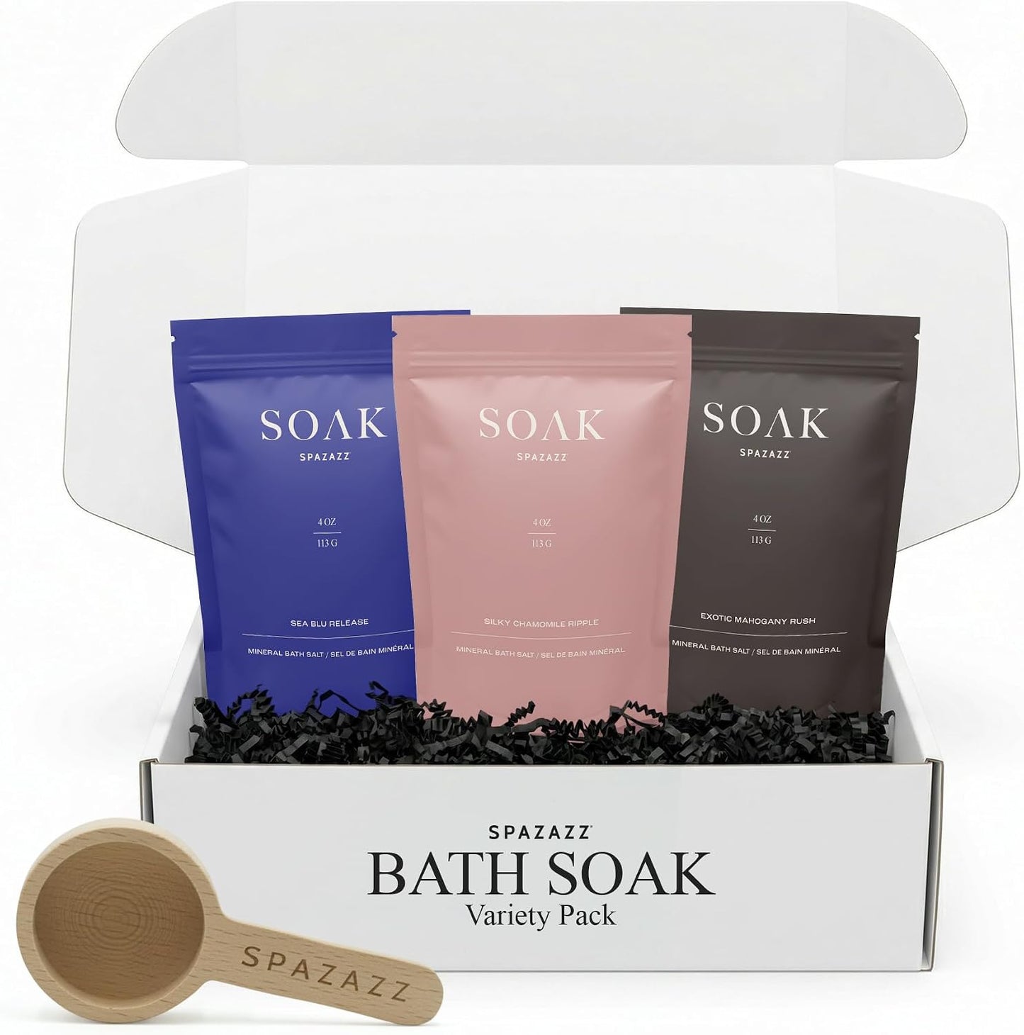 Spazazz Dead Sea Bath Salts with Magnesium & Arnica – Aromatherapy Mineral Bath Soak for Relaxation – 4oz Exotic Mahogany Rush, Silky Chamomile Ripple & Sea Blu Release with Bath Salt Scoop