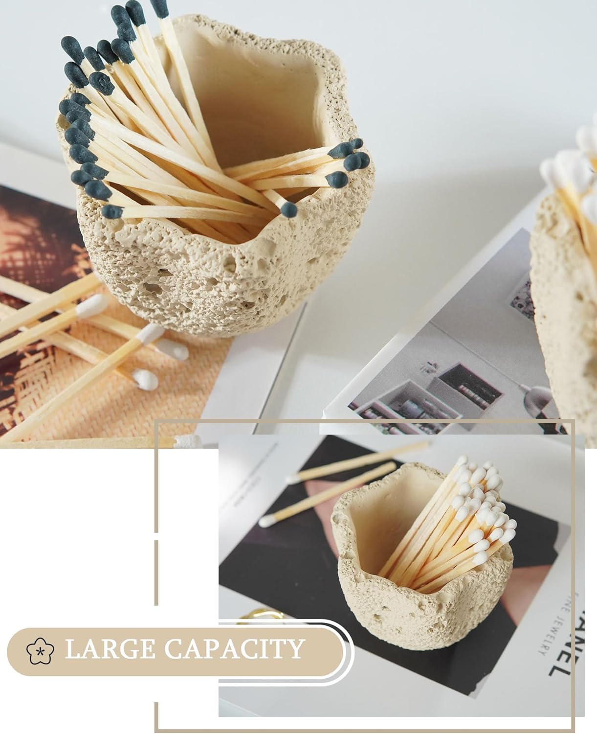 Concrete Matches Holder with Striker-Beautiful Petal Shape Match in Jar-for Cute/Fancy/Long Candle Match,Refresh Any Modern Home Decor with Premium floral Jar-No Matches (milky beige)