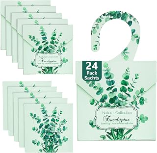 24 Pack Eucalyptus Sachet Bags for Drawers and Closets, Scented Sachets with 10 Hanging Bags Home Fragrance Refreshing Drawer Freshener, Shoes, Cars, Rest Room Deodorizer