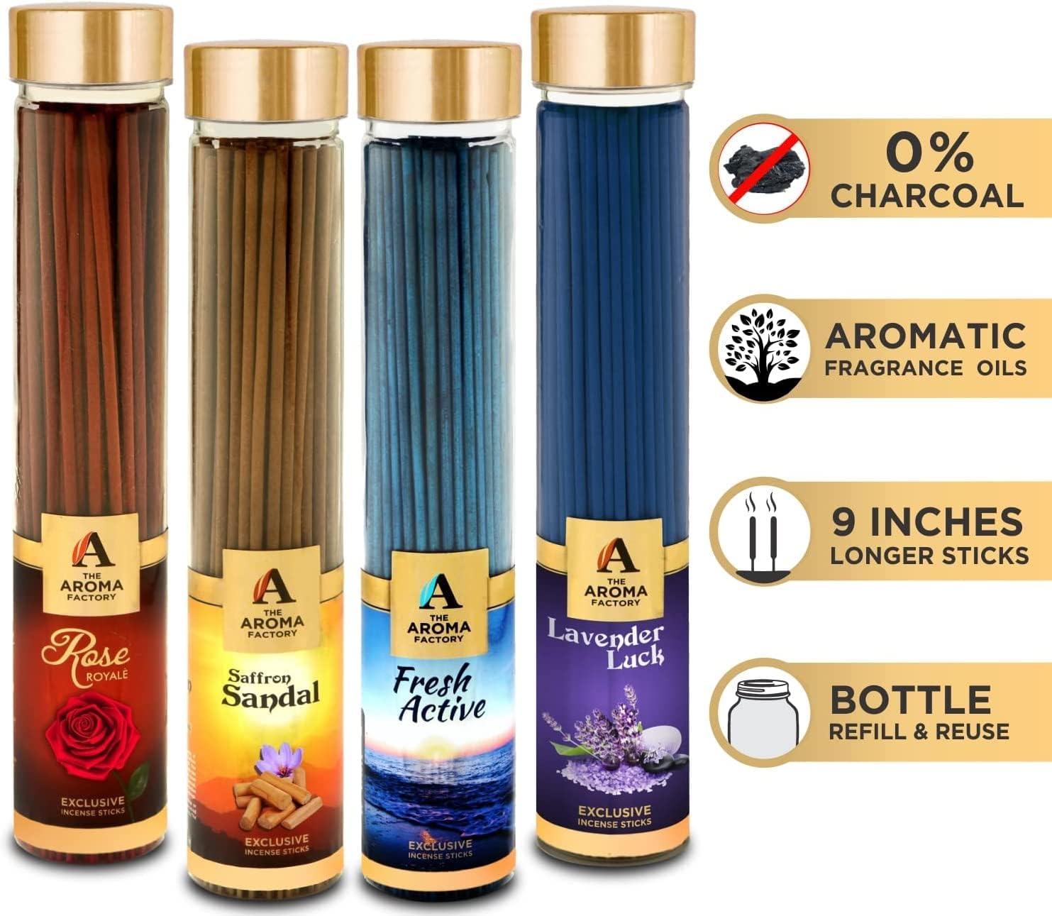 The Aroma Factory Organic Incense Sticks Aromatic Fragrances | Kesar Chandan, Rose, Fresh Active & Lavender | No Charcoal, Scented Incense | Herbal Pooja Agarbatti | 4x100g Jute Bag Gift Set