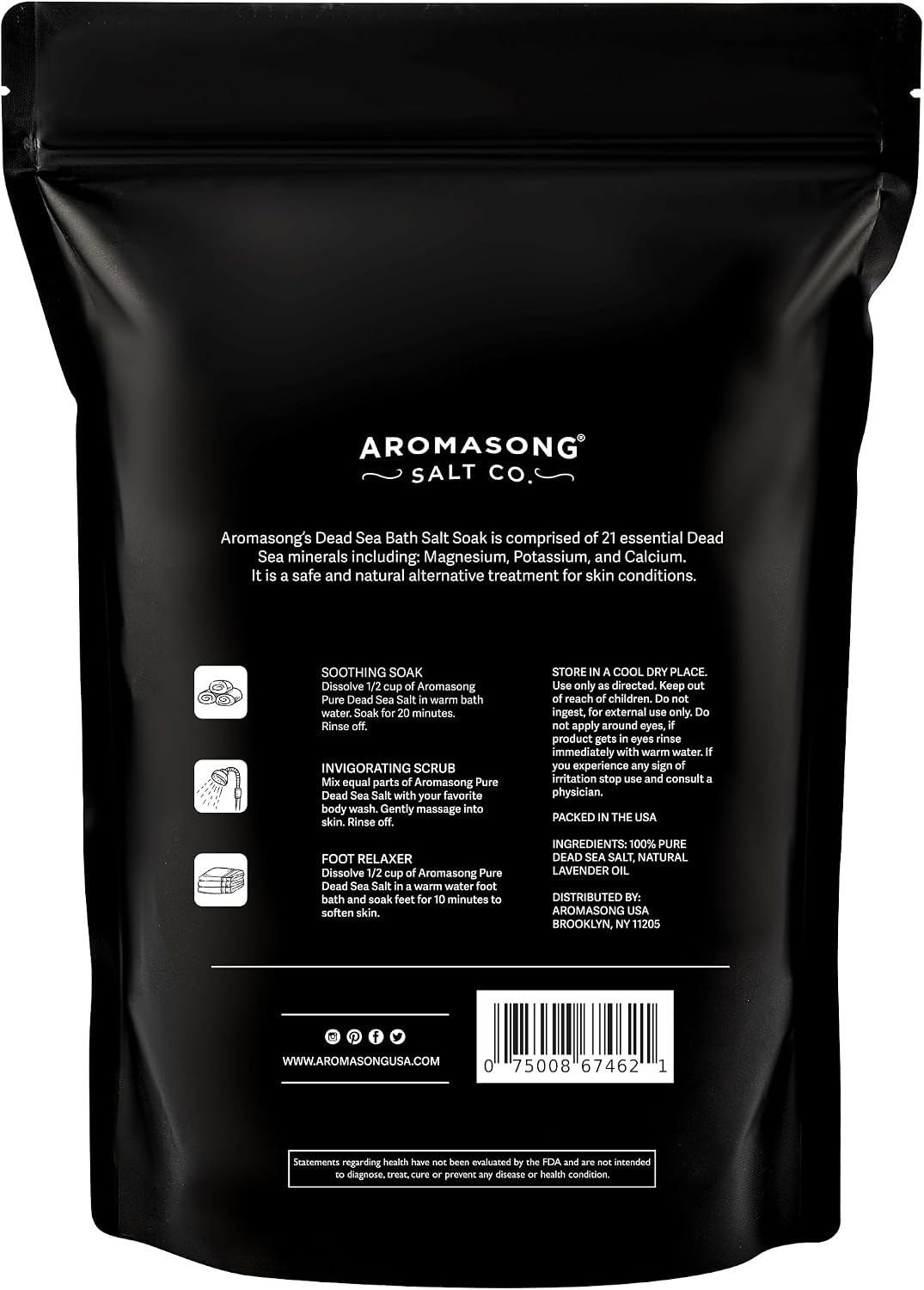 Aromasong Pure Dead Sea Salt for Soaking with 100% Natural Lavender, 14 Oz. - Spa Bath Salt Fine Grain - Body Wash Scrub - Soak for Women & Men- Resealable Pack