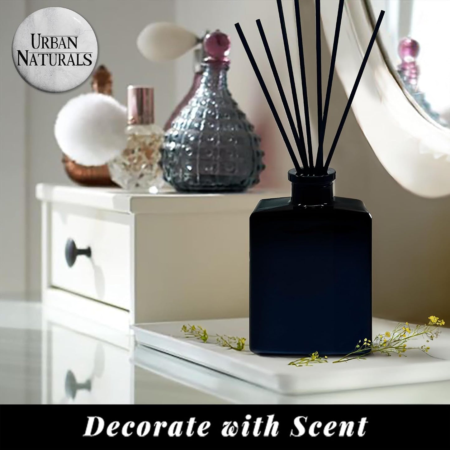 Urban Naturals Balsam Forest Reed Diffuser Oil Set – Fraser Fir, Evergreen, Pine, Woodsy Cedar and Sandalwood – 5 Ounce Sleek Black Rectangular Refillable Glass Bottle – Made in the USA