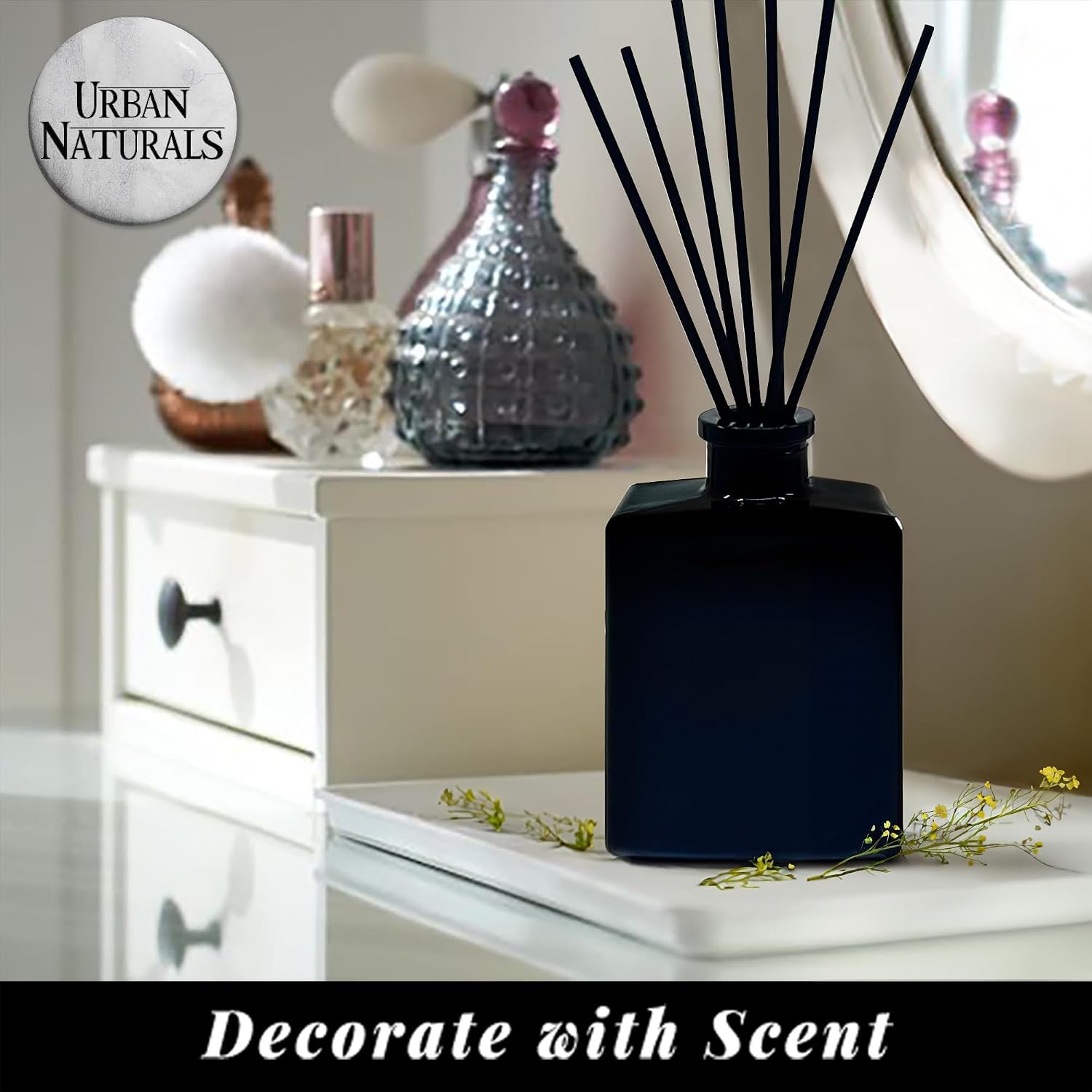 Urban Naturals Balsam Forest Reed Diffuser Oil Set – Fraser Fir, Evergreen, Pine, Woodsy Cedar and Sandalwood – 5 Ounce Sleek Black Rectangular Refillable Glass Bottle – Made in the USA