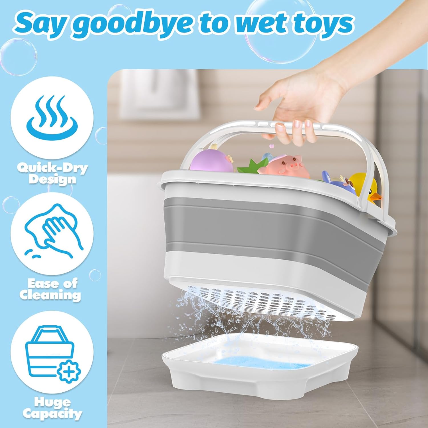 Anivia Foldable-Bath-Toy-Storage-Organizer, Bath Toy Holder with Base, Quick-Drain-Drying Bathtub Toy Storage/Basket, Stand Up Bathroom Shower Toys Holder for Kids - Gray