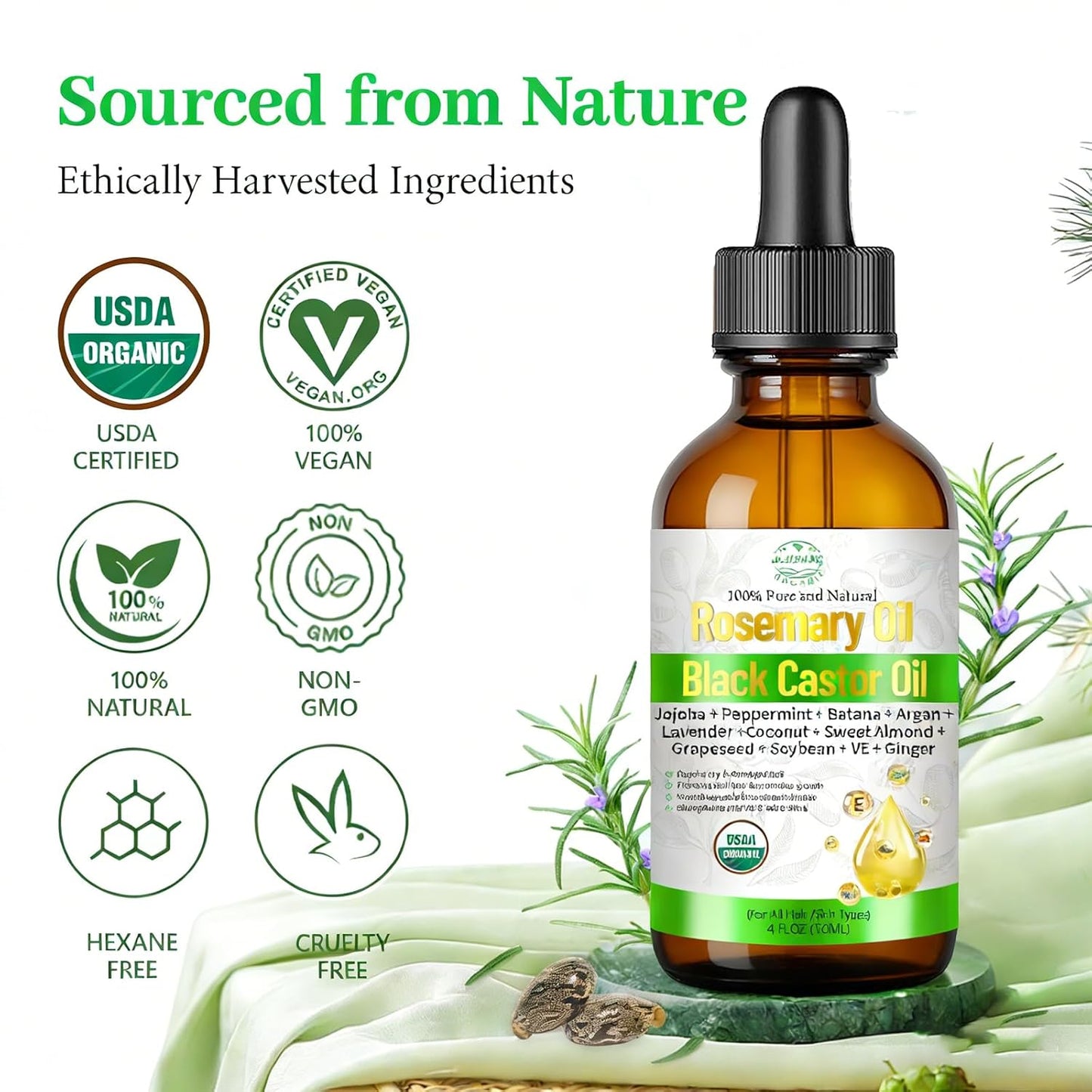 Rosemary Oil for Hair Growth, Organic Hair Oil For Hair Growth USDA Certified Cold Pressed with Castor, Peppermint for Thicker Eyebrows, Scalp Treatment & Repair Damaged Hair – 4 FL OZ