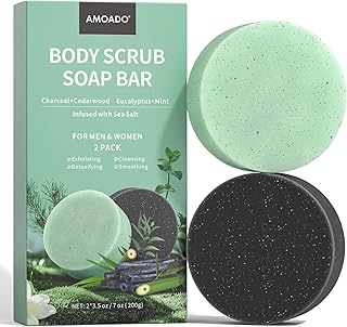 Exfoliating Body Scrub Soap Bar, 2 Pack Eucalyptus & Charcoal Soaps, Dead Sea-Salt Exfoliating Soap for Men & Women, Detox Cleansing, Smooth & Soften Skin, Soap Bars for Gifts