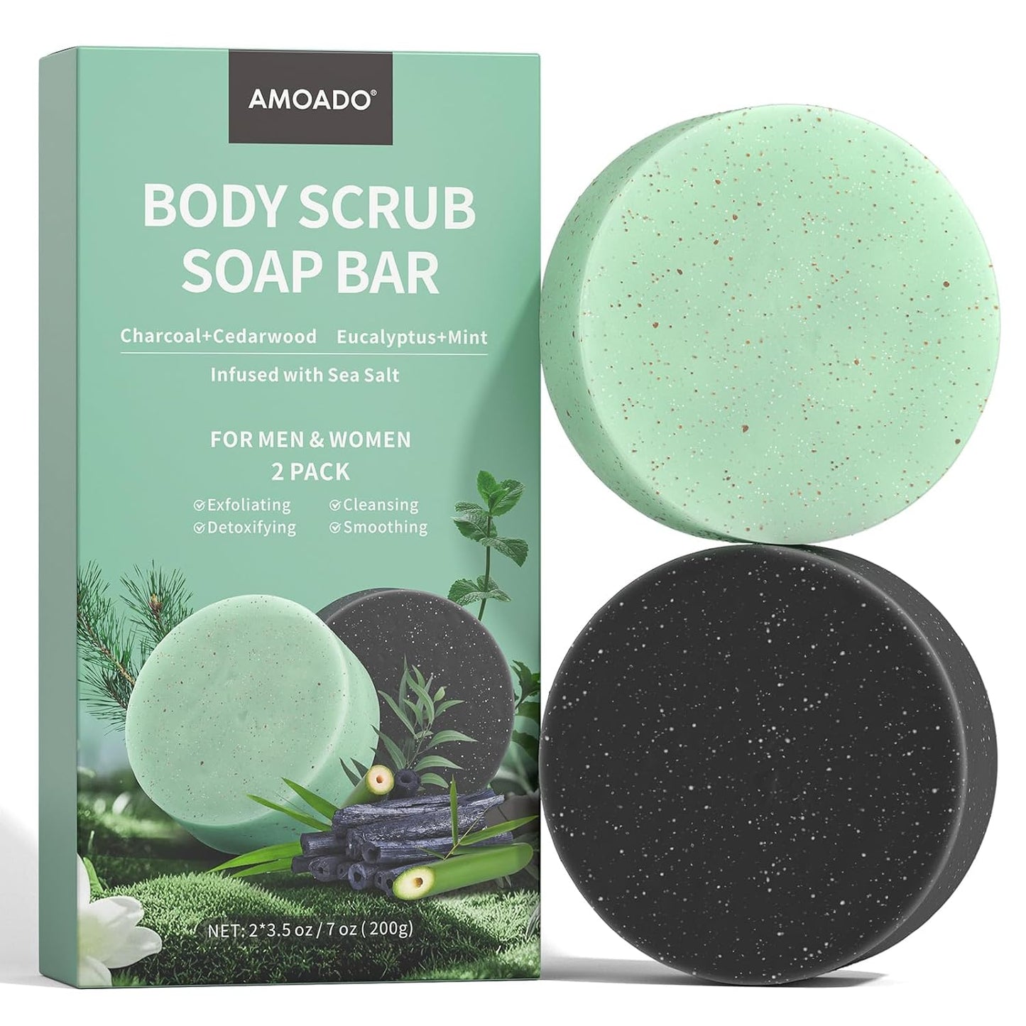 Exfoliating Body Scrub Soap Bar, 2 Pack Eucalyptus & Charcoal Soaps, Dead Sea-Salt Exfoliating Soap for Men & Women, Detox Cleansing, Smooth & Soften Skin, Soap Bars for Gifts