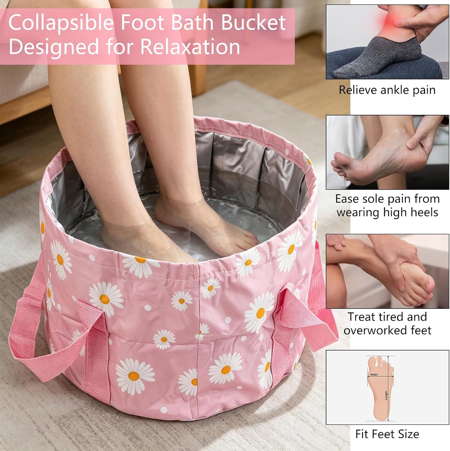 Daisies Print Collapsible Foot Bath Basin,Portable Foot Spa Soaking Bath Basin Feet Home Collapsible Bucket for Camping Washing Fishing, Pack of 2