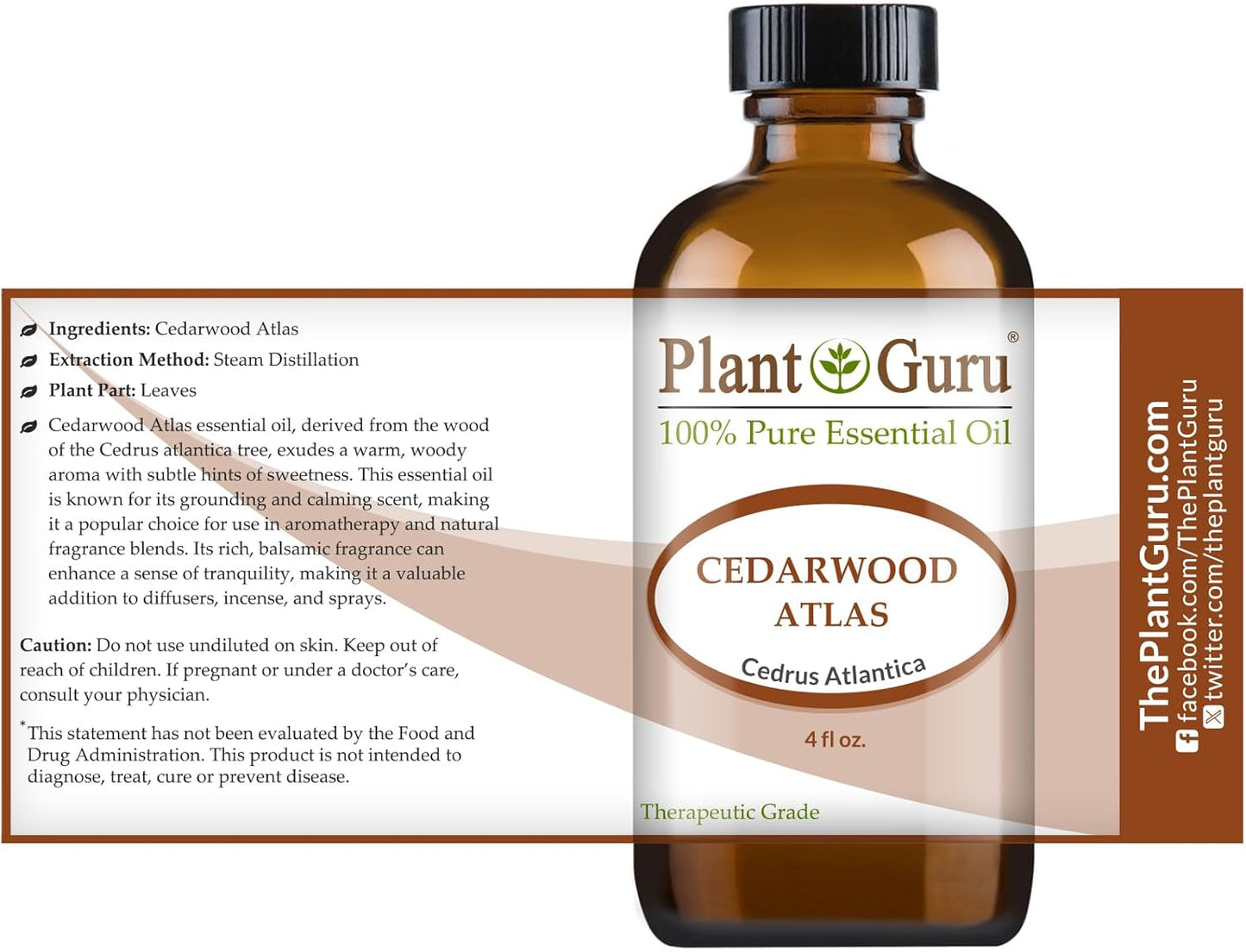 Plant Guru Cedarwood Essential Oil 4 oz 100% Pure Undiluted Therapeutic Grade for Skin, Body and Hair Growth. Great for Aromatherapy Diffuser and DIY Soap