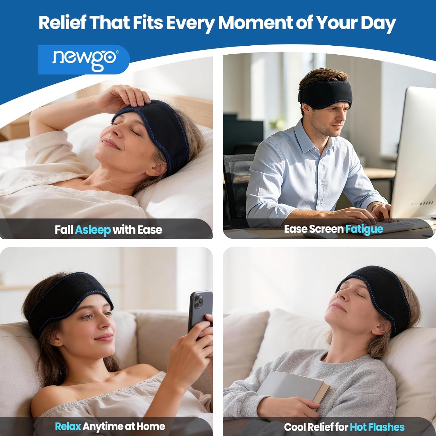NEWGO Headache Ice Pack Head Wrap for Migraines, FSA Eligible, Cold Pack Head Ice Therapy Wrap for Headache Relief, Tension, Sinus Pain, Chemo, Head Injuries