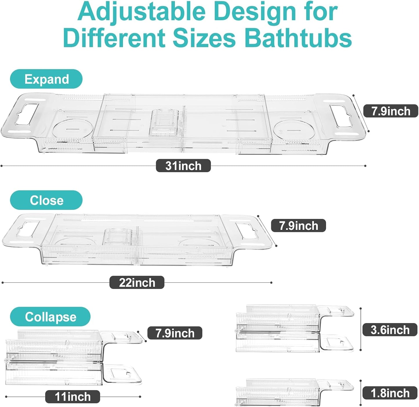Expandable Bathtub Tray Caddy, Clear Bath Tray for Tub for Bath Relaxing, Foldable Bath Table Trays, Bathtub & Bathroom Accessories for Women Gift, Anniversary or Wedding Gifts, New Home
