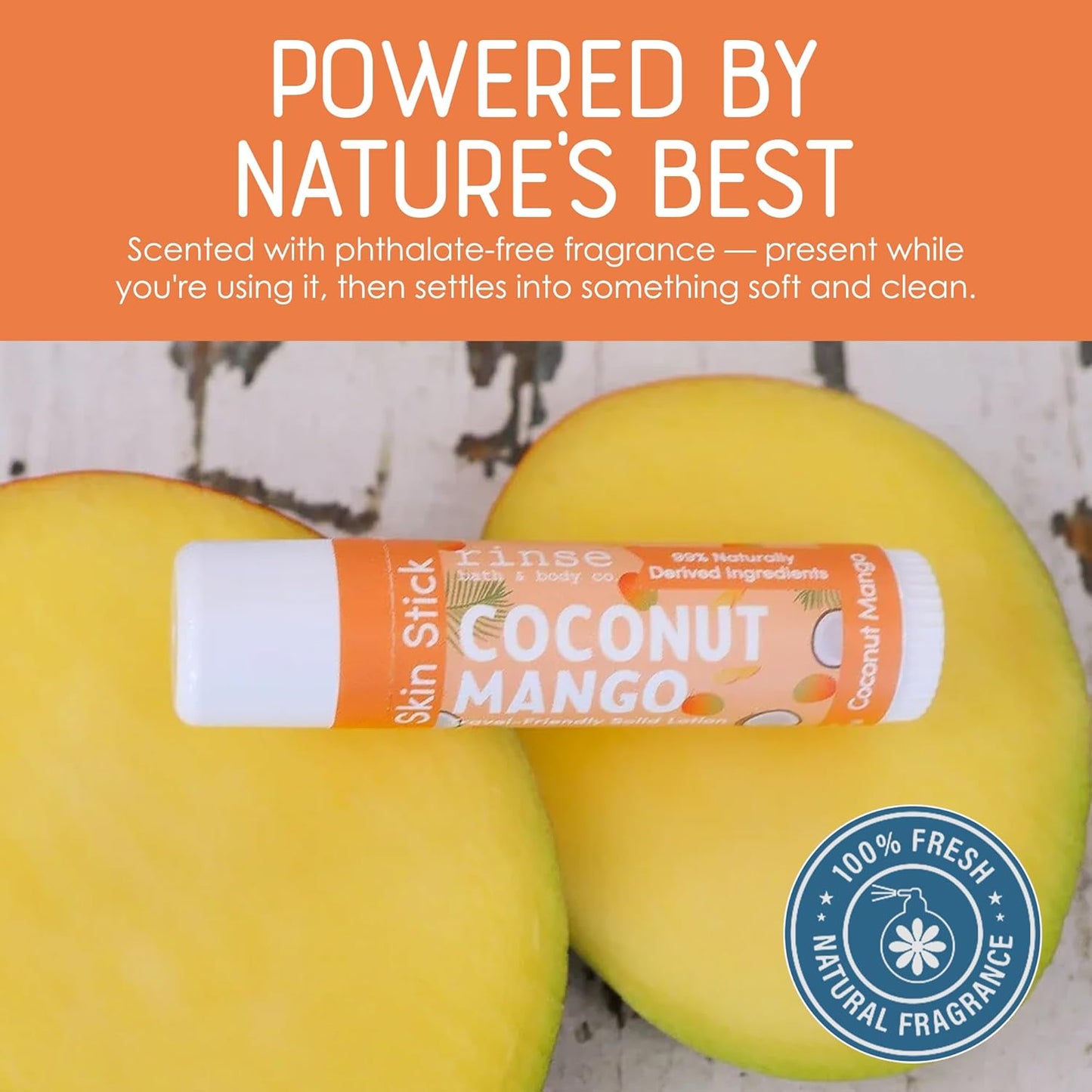 Rinse Bath & Body Coconut Mango Solid Lotion Stick - Natural Lotion Bar with Shea & Cocoa Butter, Deep Moisturizing Travel Skin Stick, Beeswax, Apricot & Avocado Oil, Handmade, 0.5 oz
