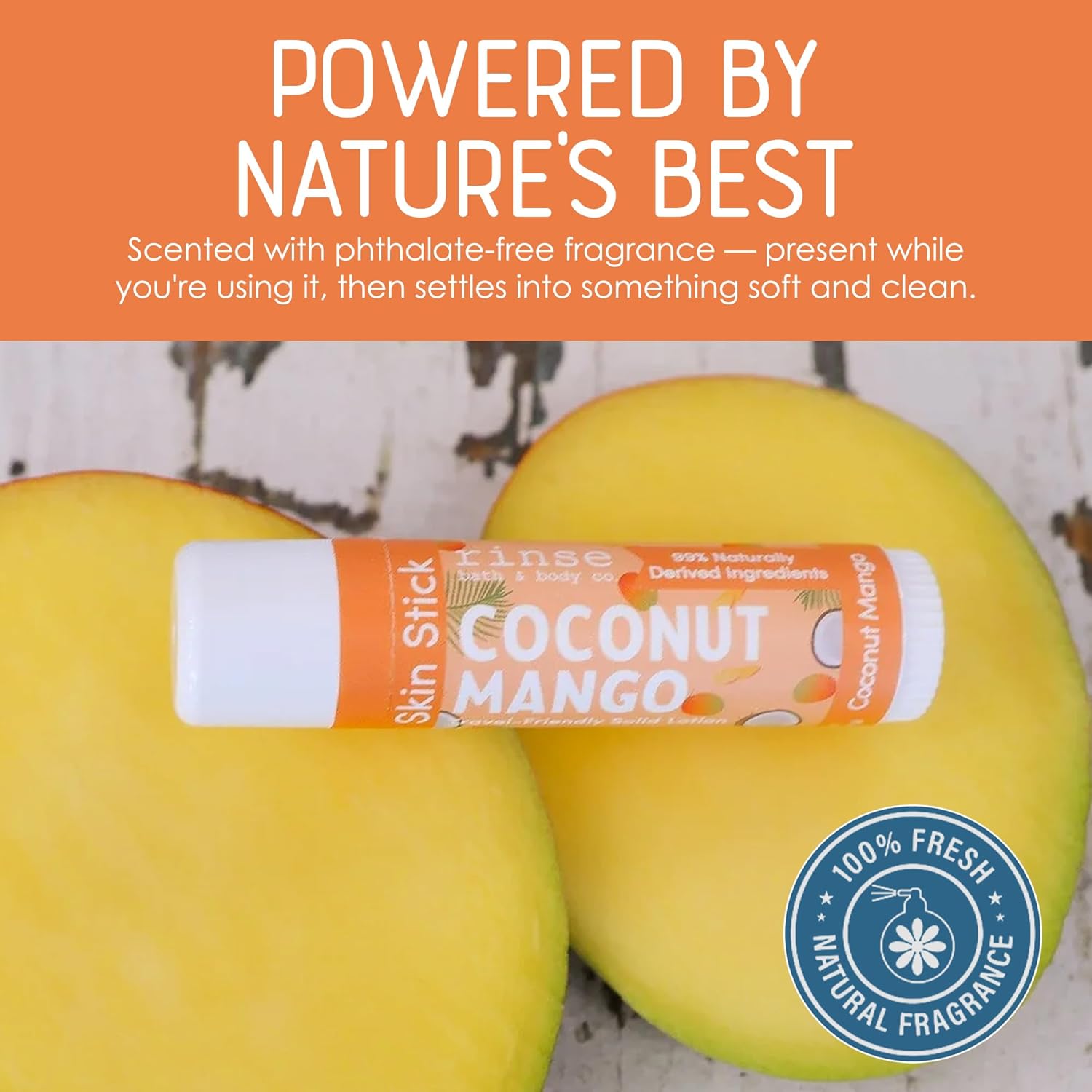 Rinse Bath & Body Coconut Mango Solid Lotion Stick - Natural Lotion Bar with Shea & Cocoa Butter, Deep Moisturizing Travel Skin Stick, Beeswax, Apricot & Avocado Oil, Handmade, 0.5 oz