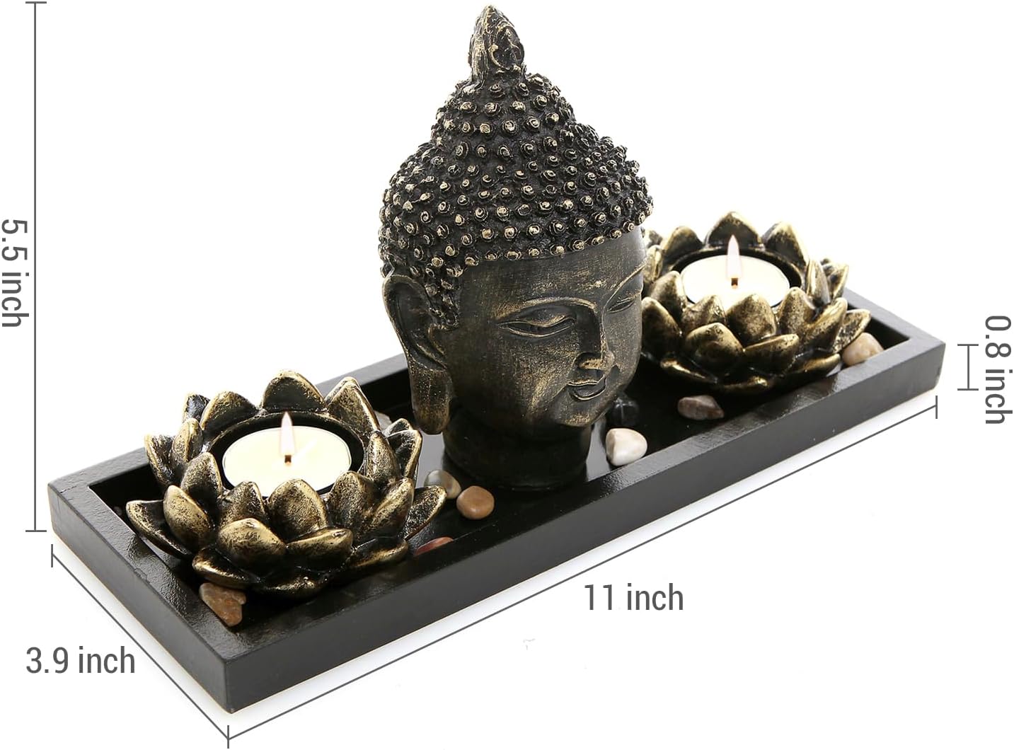 MyGift Black Buddha Head Sculpture Zen Garden Set with Lotus Tealight Candle Holders and Wooden Display Tray, Decorative Tabletop Home Accent