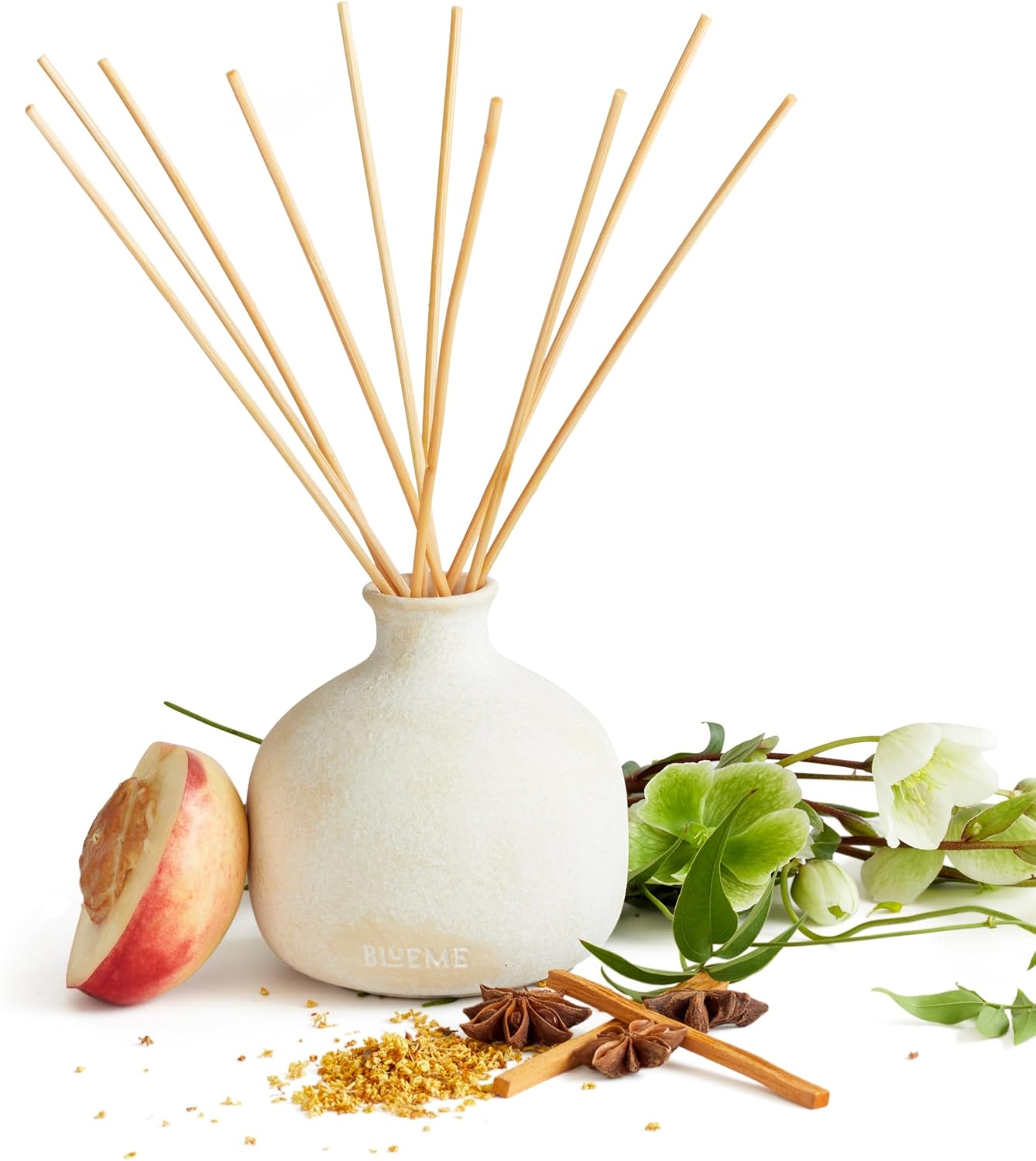 Blueme Calm Diffuser | Osmanthus & Sandalwood | 5.92 Fl Oz - Refillable Wellness Diffuser, Contains Essential Oil, Sustainable, Hand Finished, Premium, Luxury Ceramic, Natural Rattan Reeds, | Small