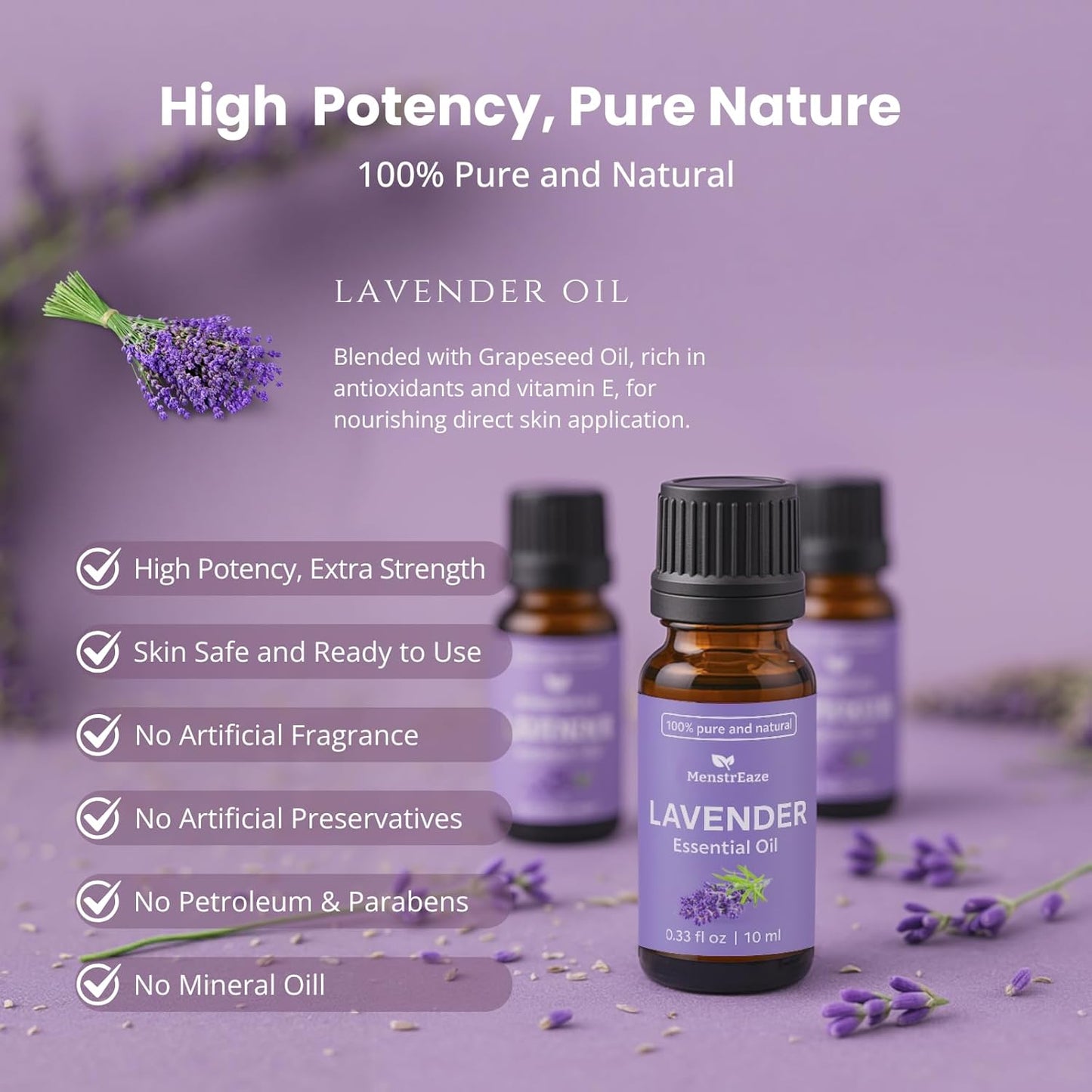 Lavender Essential Oil for Skin and Hair, 100% Pure & Natural Therapeutic Grade, Skin Safe & Ready to Use for Massage, Better Sleep, Aromatherapy, & Diffuser, High Potency, 10ml