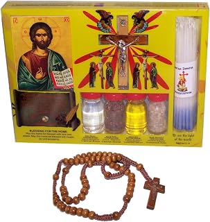 Holy Land Market Samples Set - Olive Wood Crucifix, Icon, Rosary, Anointing Oil, Holy Incense from Jerusalem Mix, Jordan Holy Water