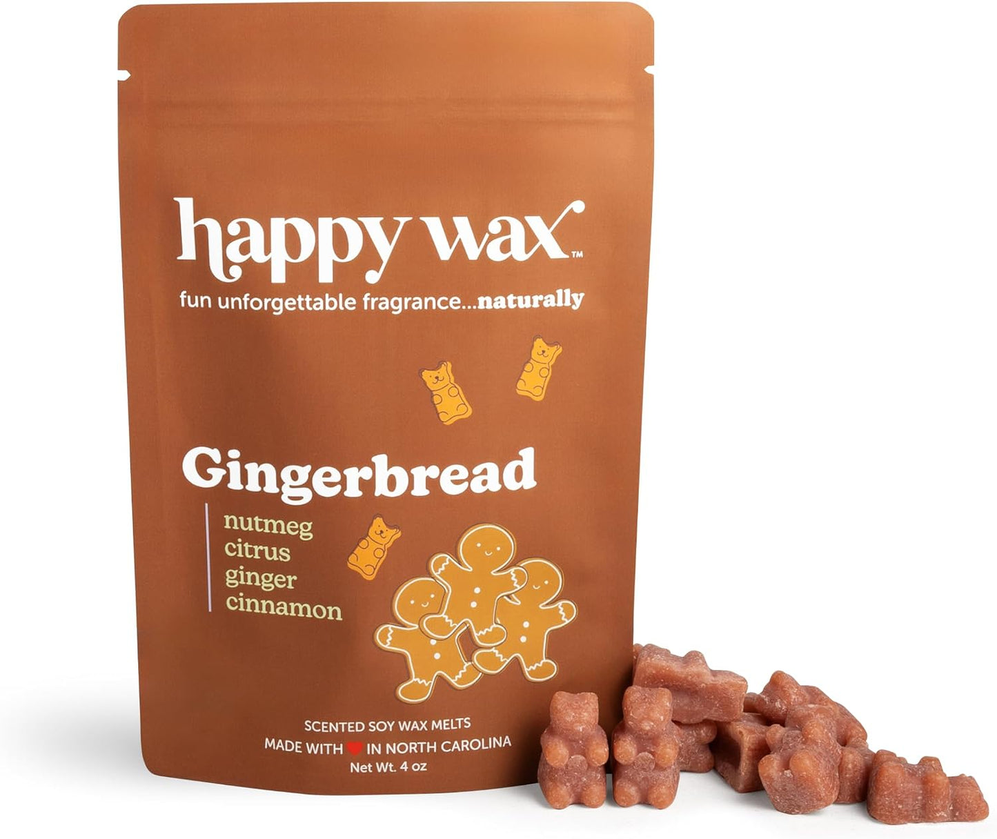 Happy Wax Gingerbread Scented Bear Wax Melts - Natural Strong Holiday Scented Infused with Essential Oils - Non Toxic & Pet Safe - (4 oz Pouch)