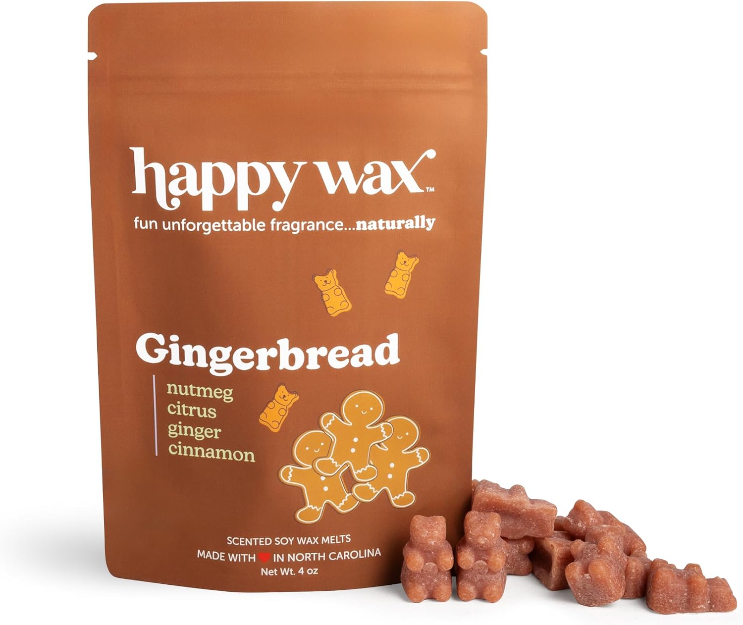 Happy Wax Gingerbread Scented Bear Wax Melts - Natural Strong Holiday Scented Infused with Essential Oils - Non Toxic & Pet Safe - (4 oz Pouch)