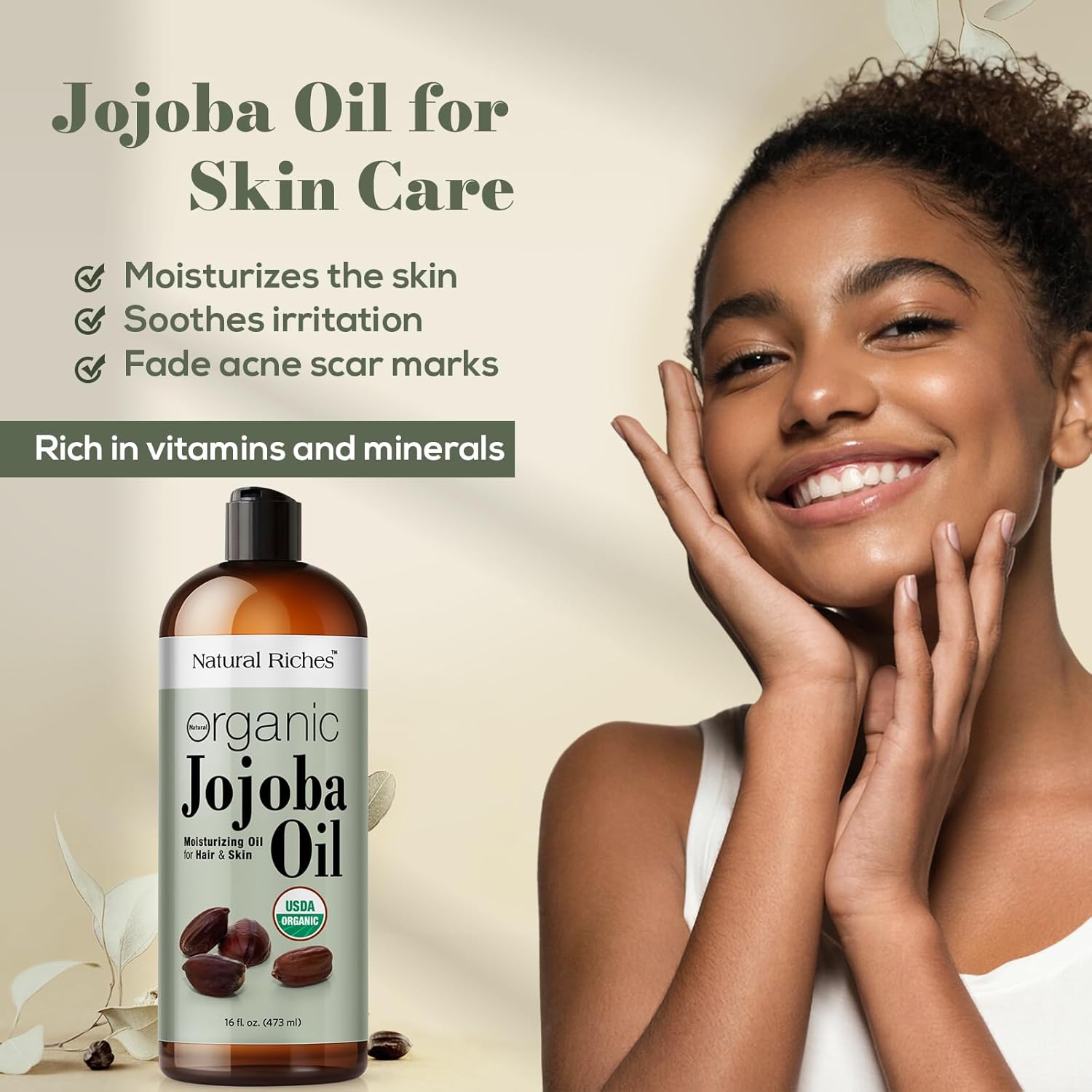 Natural Riches Organic Jojoba Oil, Pure (16 oz) | Moisturizing Oil for Face, Hair, Skin & Nails Cold Pressed Hexane Free Base Carrier oil.