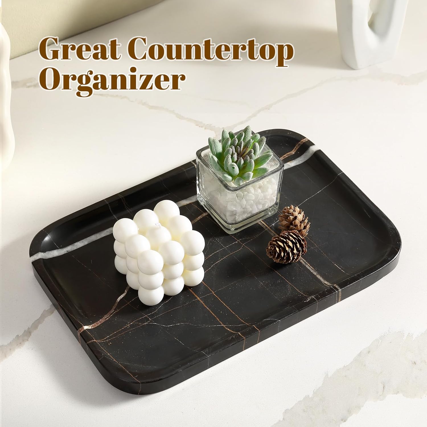 Koville Marble Tray, 12"x8" Natural Marble Vanity Tray for Countertop Bathroom Kitchen Dresser, Decorative Catchall Trays for Perfume Jewelry, Rectangular Stone Serving Tray(Black)
