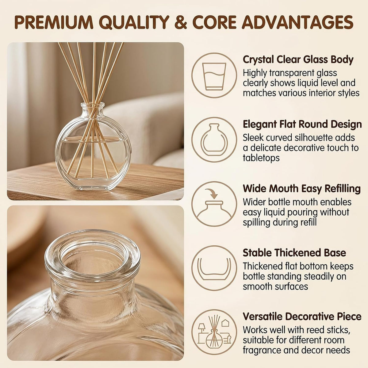 1 Pack 150ml/5oz Flat Round Clear Glass Reed Diffuser Bottles, Refillable Aromatherapy Essential Oil Bottles for Bathroom, Home &amp; Office Decor