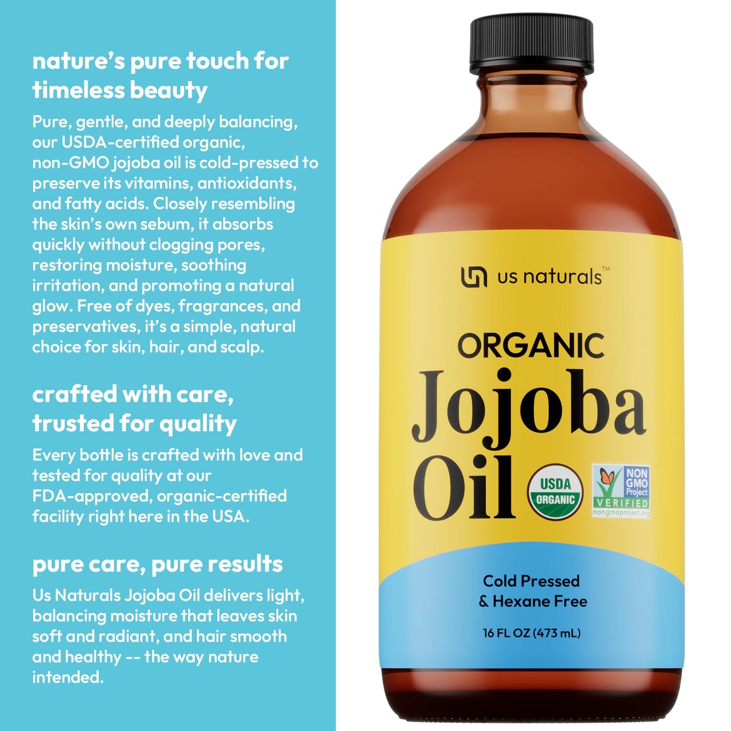 Us Naturals 16oz Organic Jojoba Oil – Glass Bottle – USDA Certified Organic & Non-GMO – 100% Pure, Cold-pressed, Unrefined, Hexane-free – Premium Glow-Boosting Oil