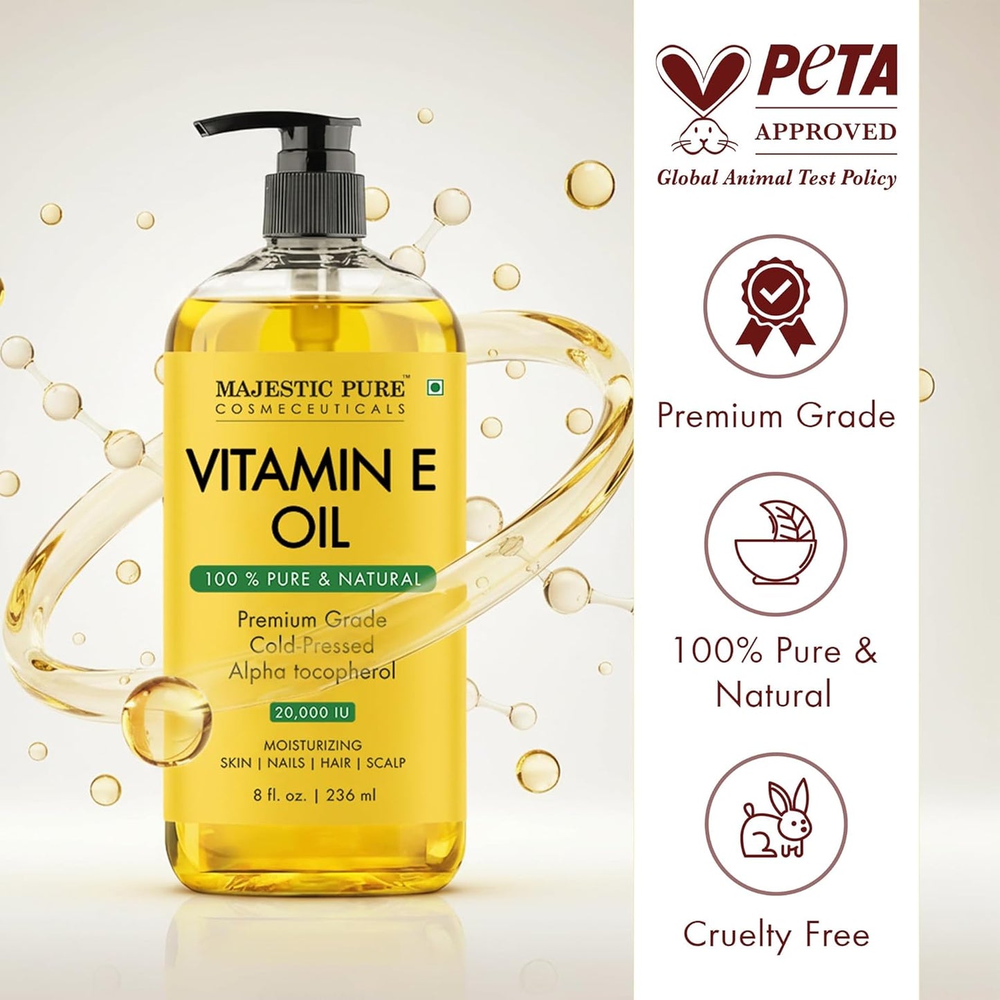 Majestic Pure Oil - 100% Pure and Natural- Cold Pressed & Hexane Free Natural Hair Growth Oil for Eyelashes, Eyebrows, Skin, Body, Face, Nails & Scalp - Vitamin E Oil 8 Fl Oz