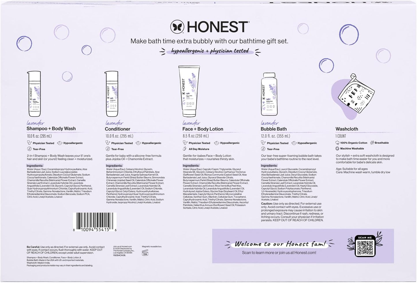 The Honest Company Calming Lavender Bathtime Gift Set Hypoallergenic Bath Essentials for Sensitive Baby Skin Shampoo and Body Wash Face Lotion Bubble Conditioner Cloth