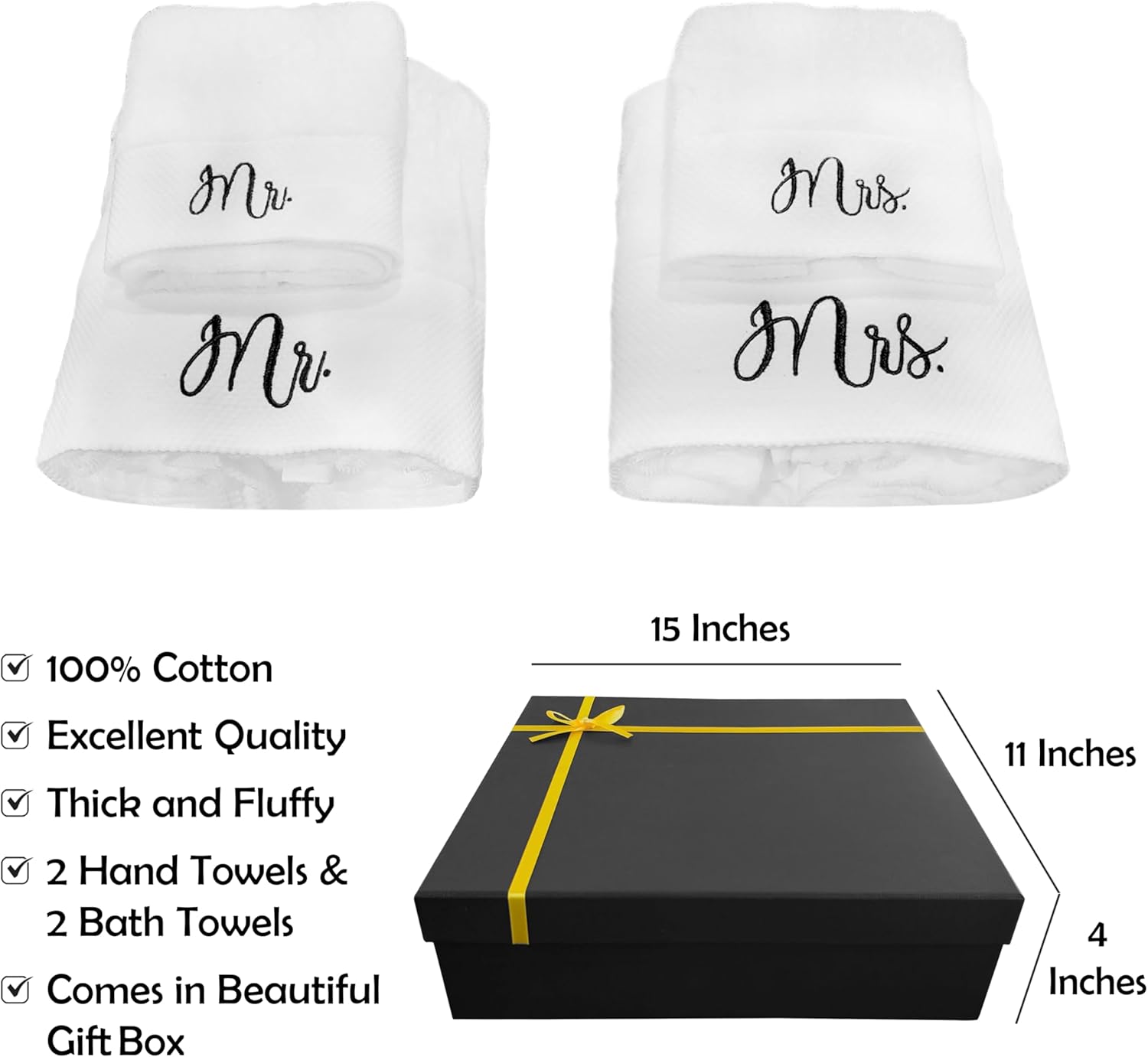 RUBBER BOND Mr and Mrs Towels Set with Gift Box - 4 Pack Bath and Hand Towels for Couples - Hotel, Spa & Bathroom Cotton Towels for The Couples (Black Embroidery)